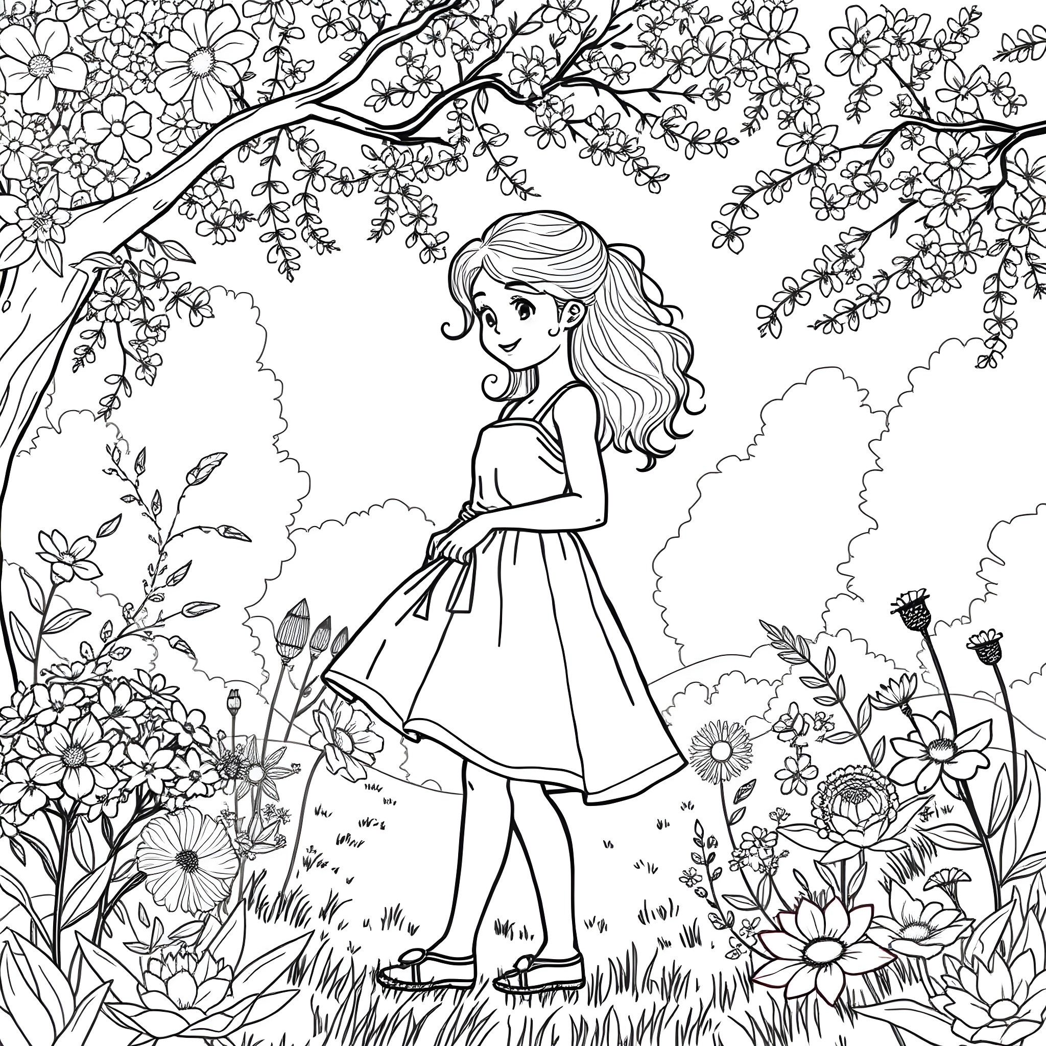 Girl exploring the enchanted floral garden Coloring Page (free black-and-white line drawing printable PDF for all, from beginners to advanced learners, including children, teens, adults, and seniors)