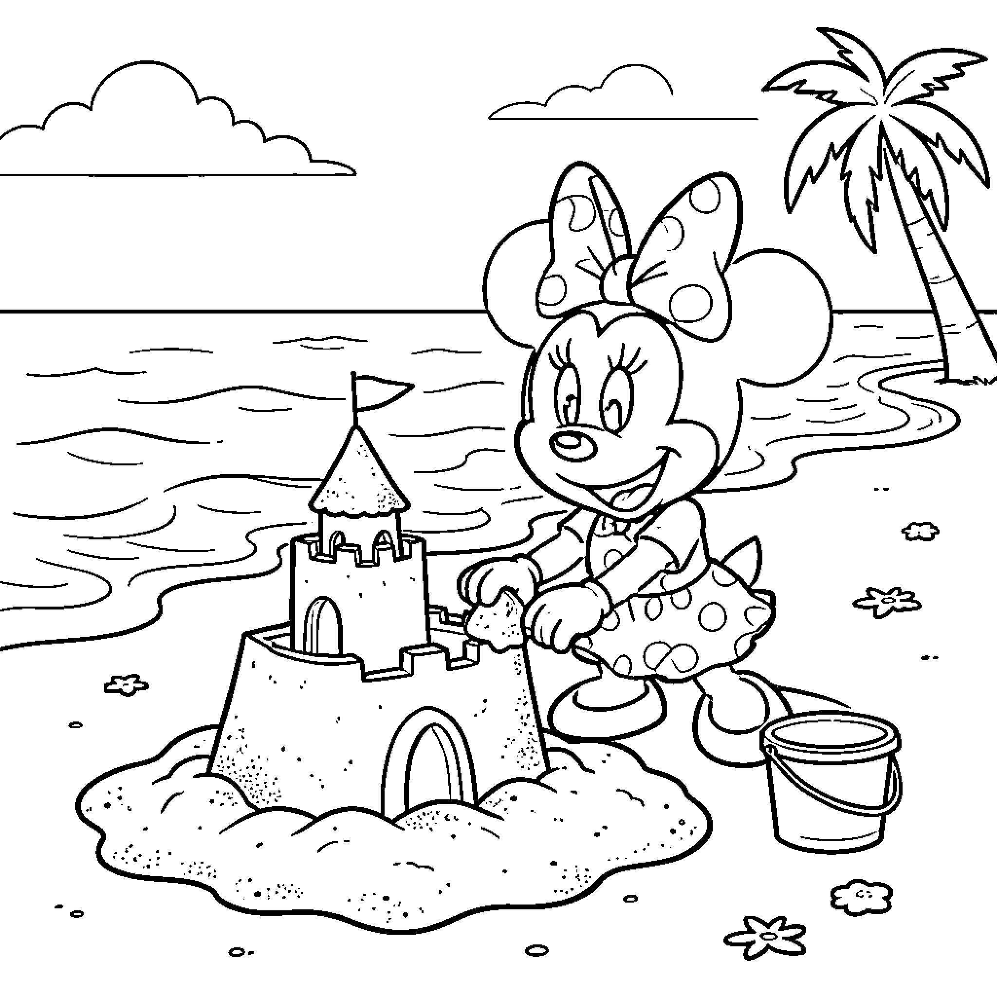 Minnie building a large sandcastle on the beach Coloring Page (free black-and-white line drawing printable PDF for all, from beginners to advanced learners, including children, teens, adults, and seniors)