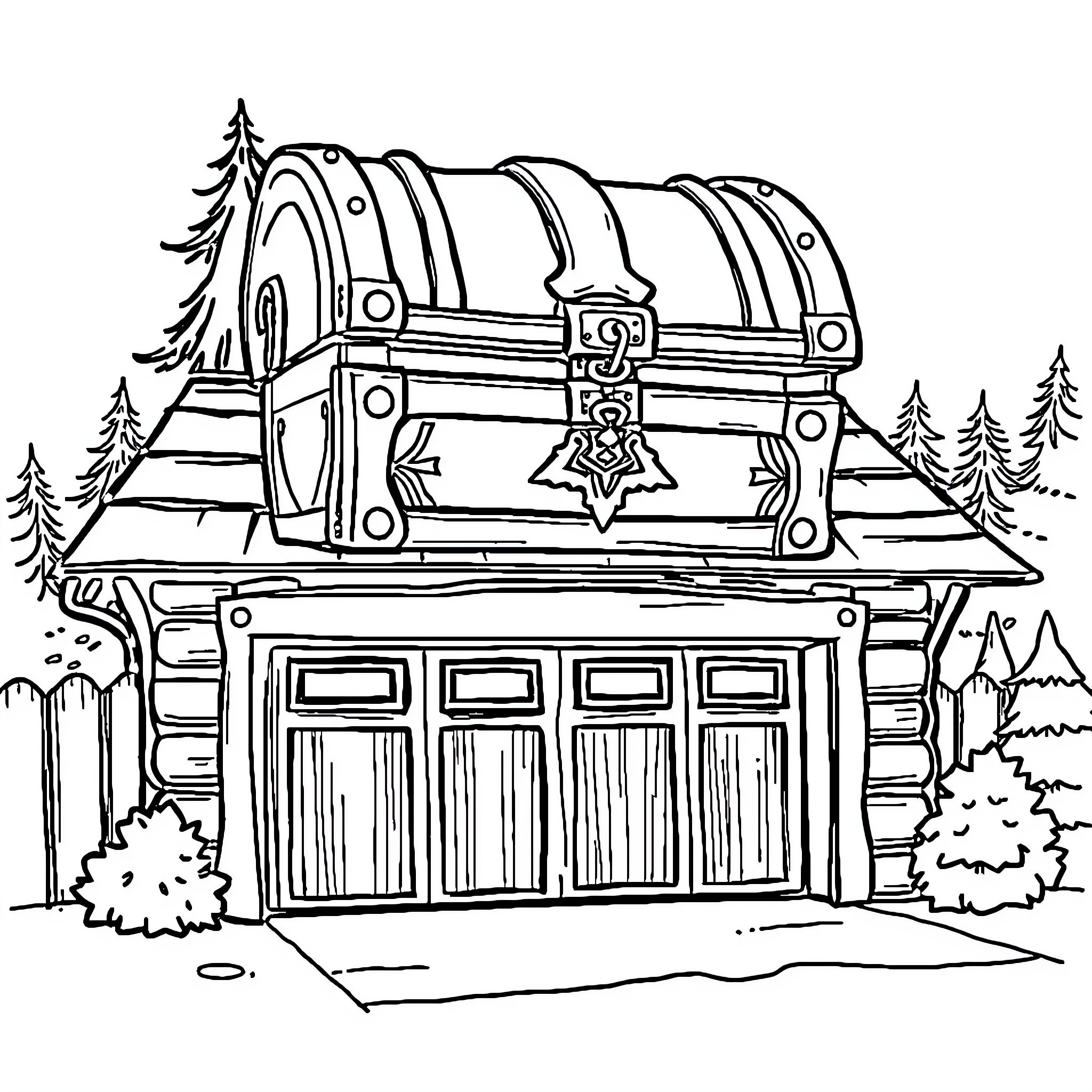 Treasure Chest in the Forest Coloring Page (free black-and-white line drawing printable PDF for all, from beginners to advanced learners, including children, teens, adults, and seniors)