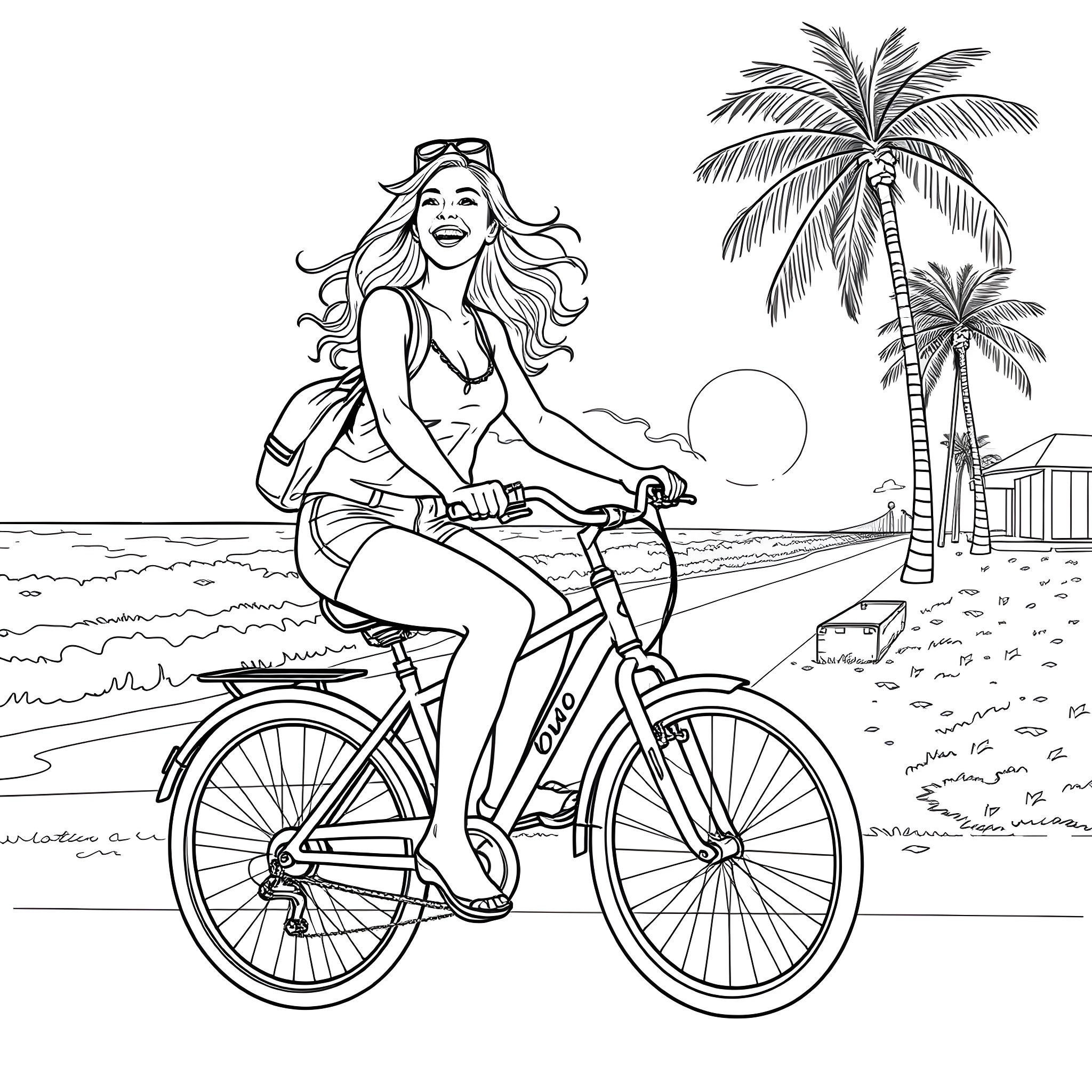 Gianna Michaels enjoys a scenic bicycle ride on the beach Coloring Page (free black-and-white line drawing printable PDF for all, from beginners to advanced learners, including children, teens, adults, and seniors)