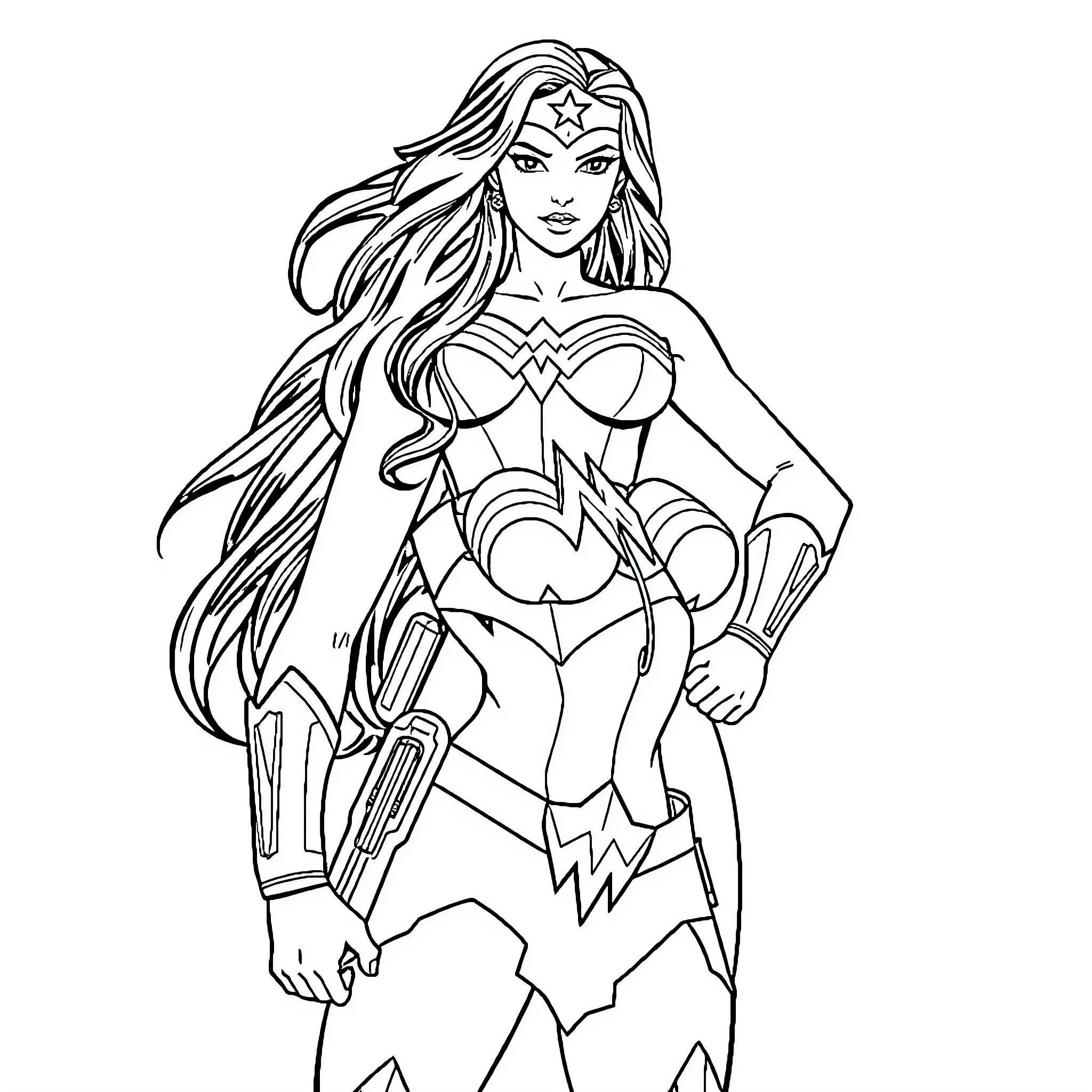 Wonder Woman in heroic action pose Coloring Page (free black-and-white line drawing printable PDF for all, from beginners to advanced learners, including children, teens, adults, and seniors)