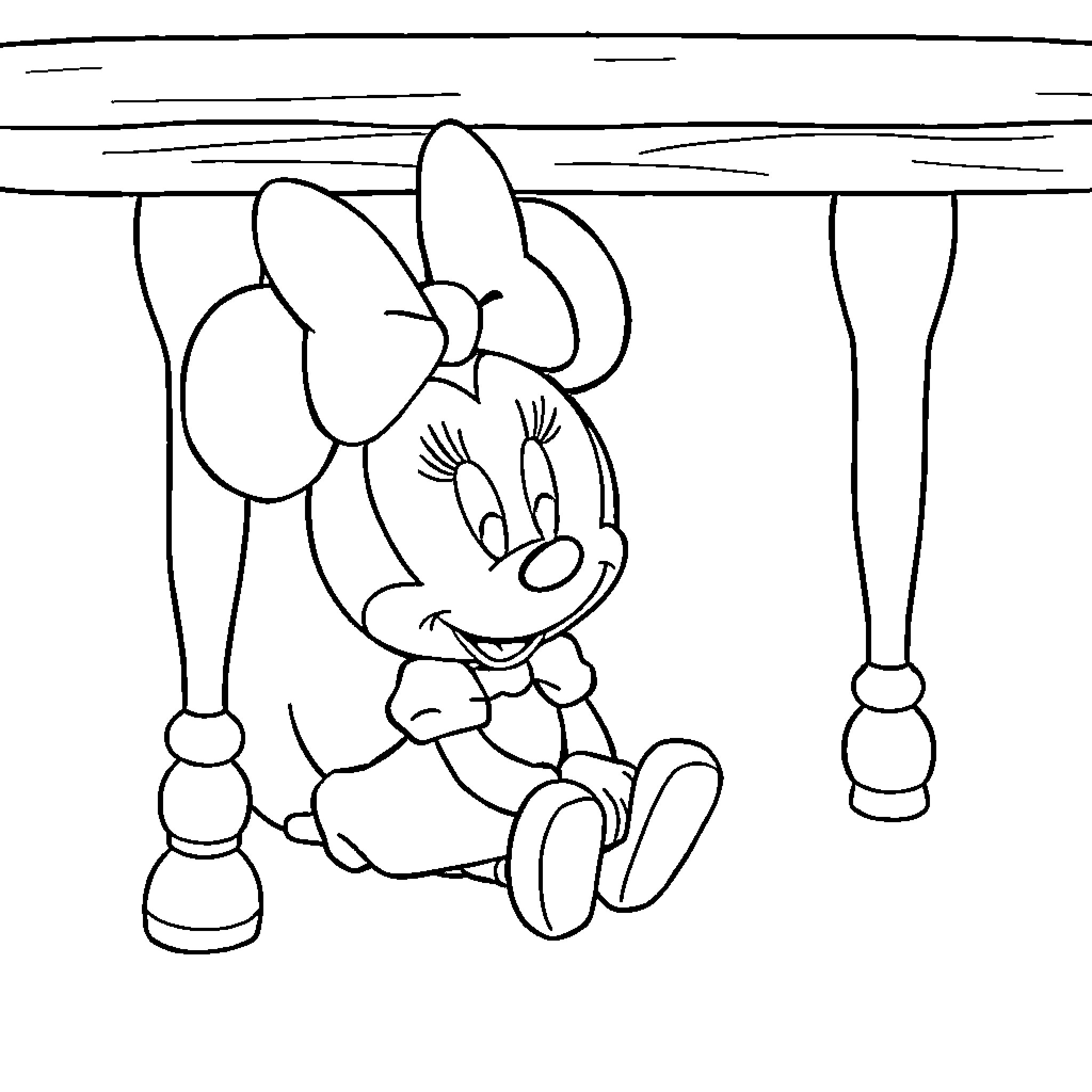 Mouse character sitting happily under furniture Coloring Page (free black-and-white line drawing printable PDF for all, from beginners to advanced learners, including children, teens, adults, and seniors)
