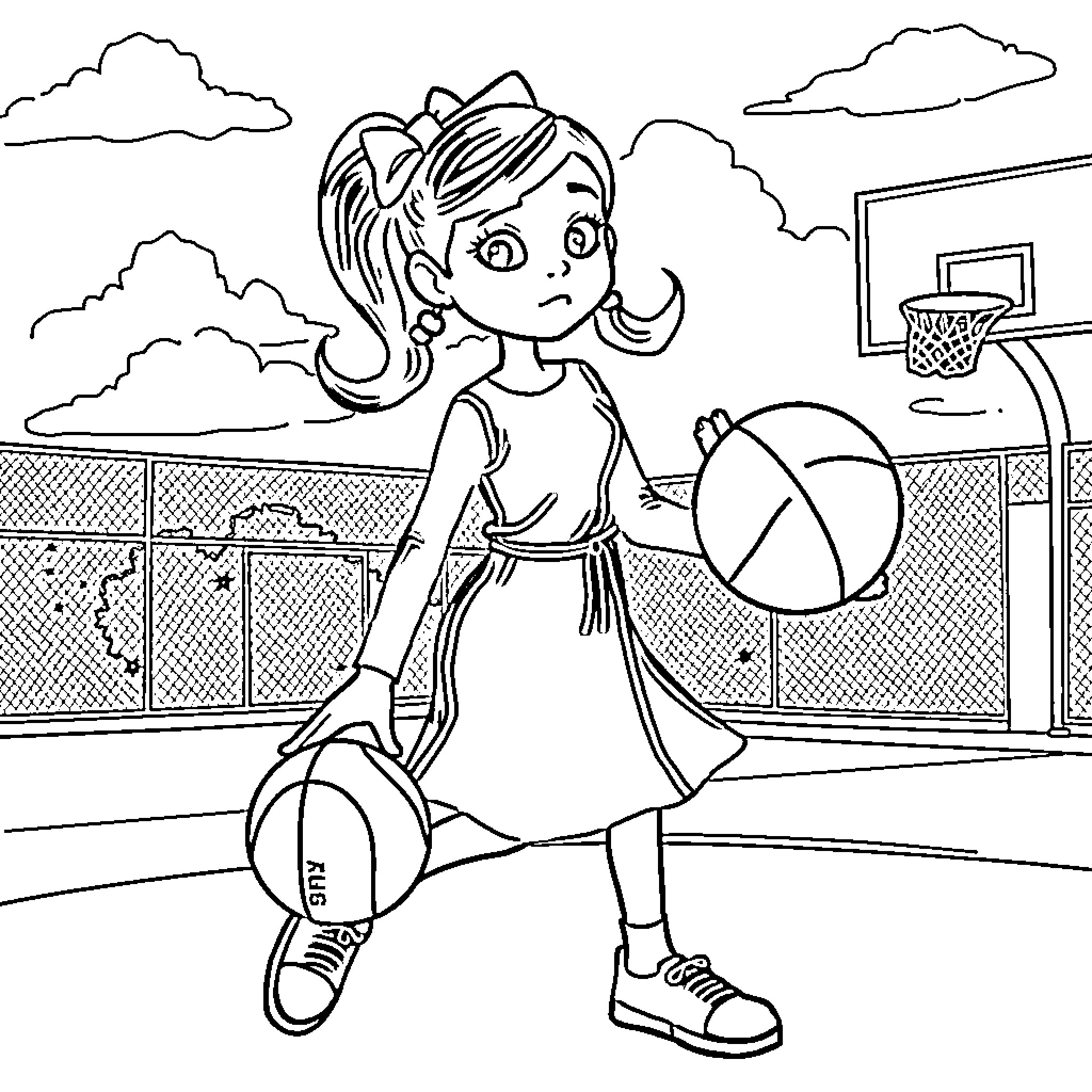 Wednesday Addams Playing Basketball on the Court Coloring Page (free black-and-white line drawing printable PDF for all, from beginners to advanced learners, including children, teens, adults, and seniors)