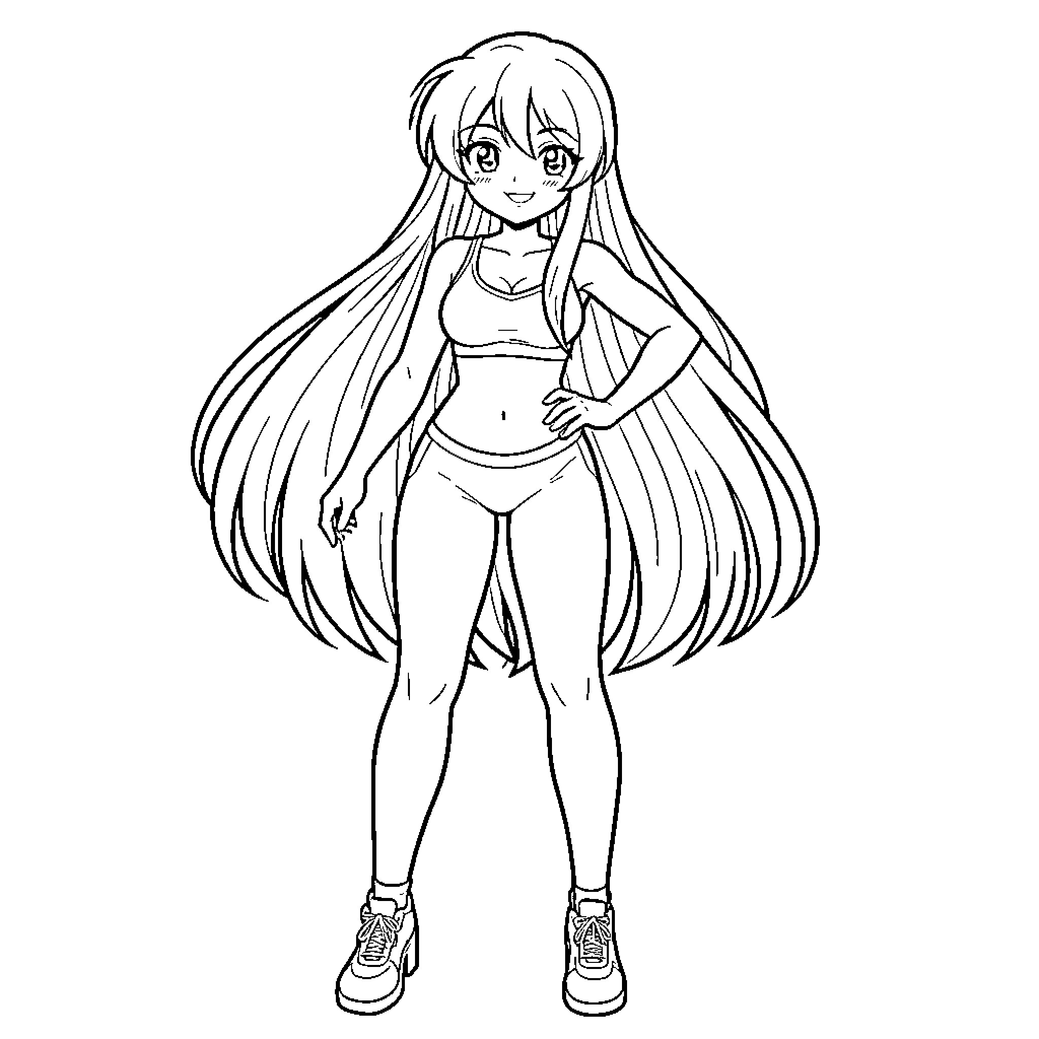 Anime Girl in Casual Sportswear Posing Coloring Page (free black-and-white line drawing printable PDF for all, from beginners to advanced learners, including children, teens, adults, and seniors)