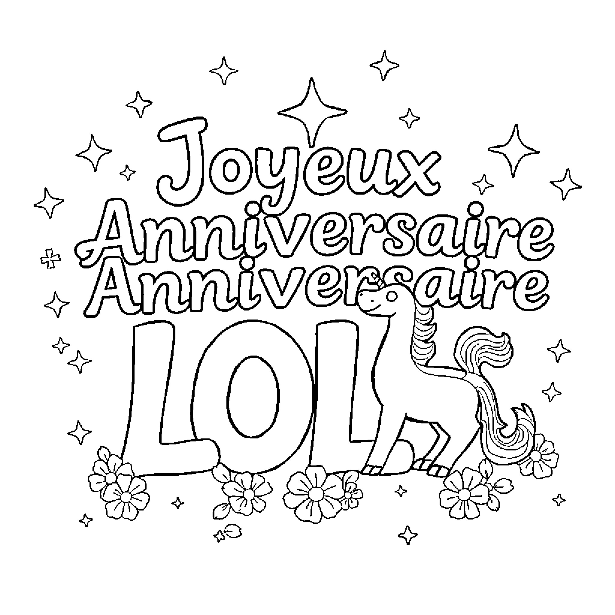 Unicorn celebrating joyous anniversary with stars Coloring Page (free black-and-white line drawing printable PDF for all, from beginners to advanced learners, including children, teens, adults, and seniors)