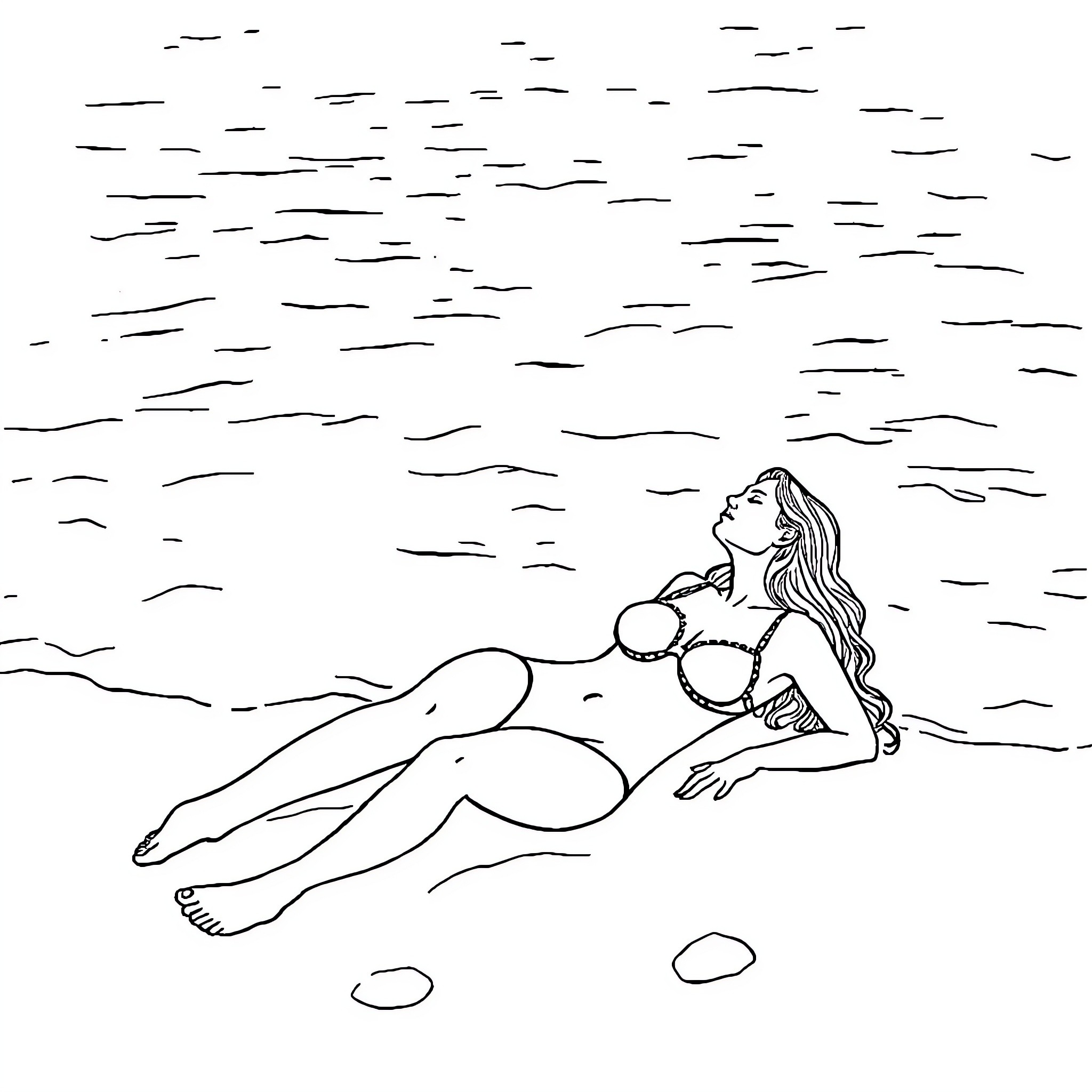 Woman relaxing on the beach Coloring Page (free black-and-white line drawing printable PDF for all, from beginners to advanced learners, including children, teens, adults, and seniors)