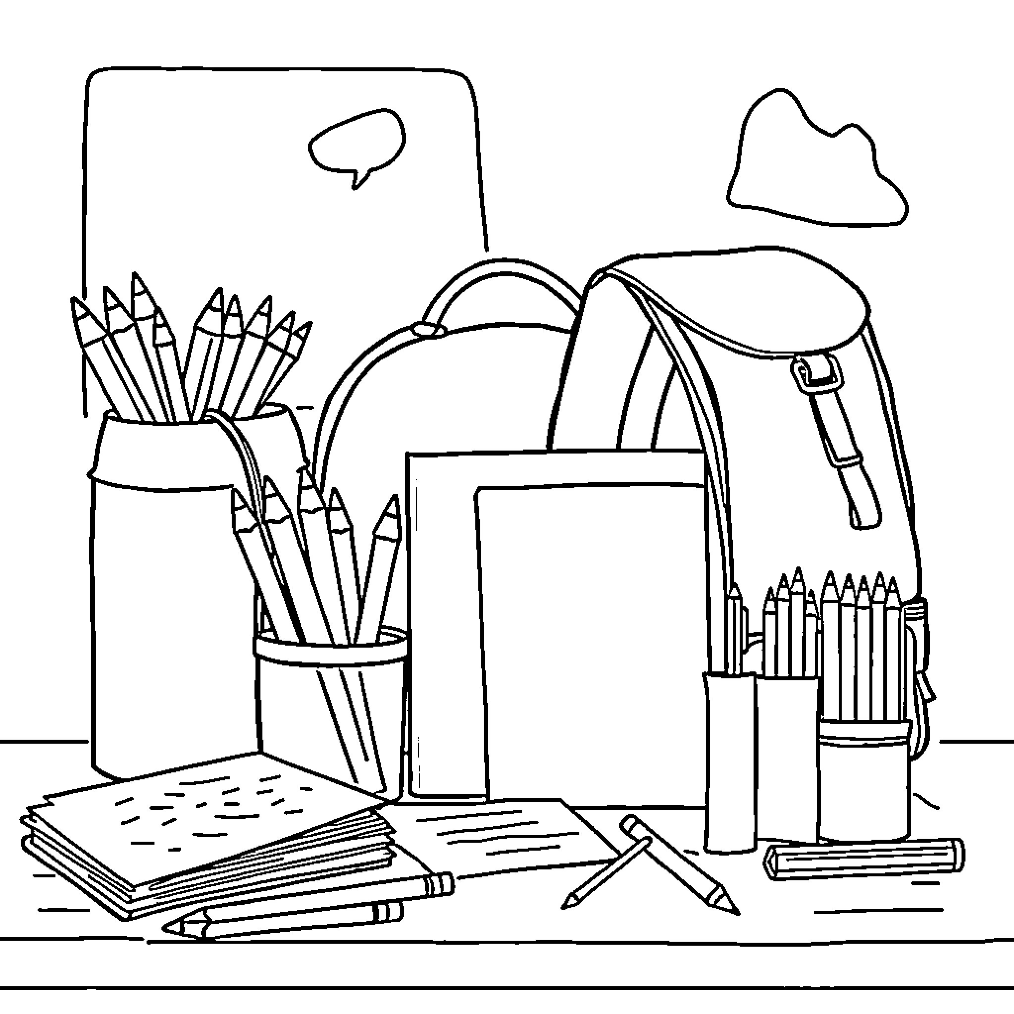 School Supply Arrangement with Pencils, Backpack, and Books Coloring Page (free black-and-white line drawing printable PDF for all, from beginners to advanced learners, including children, teens, adults, and seniors)