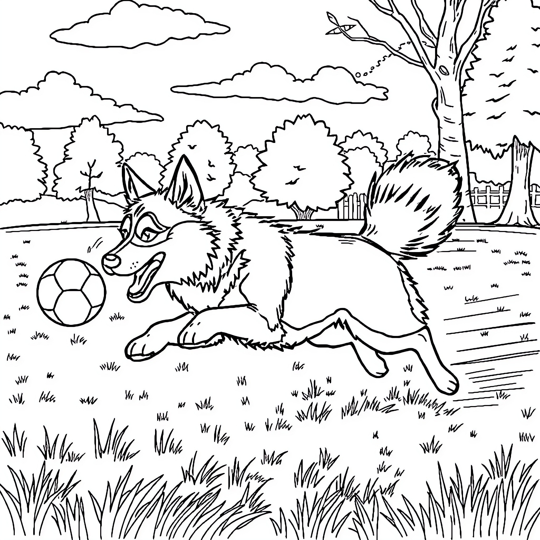 Husky playing enthusiastically with soccer ball in outdoor scene Coloring Page (free black-and-white line drawing printable PDF for all, from beginners to advanced learners, including children, teens, adults, and seniors)