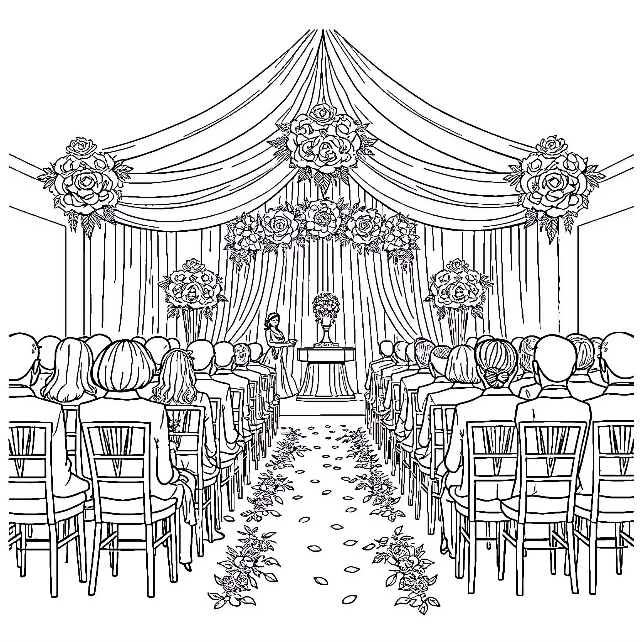 Wedding Ceremony in an Ornate Floral Setting Coloring Page (free black-and-white line drawing printable PDF for all, from beginners to advanced learners, including children, teens, adults, and seniors)