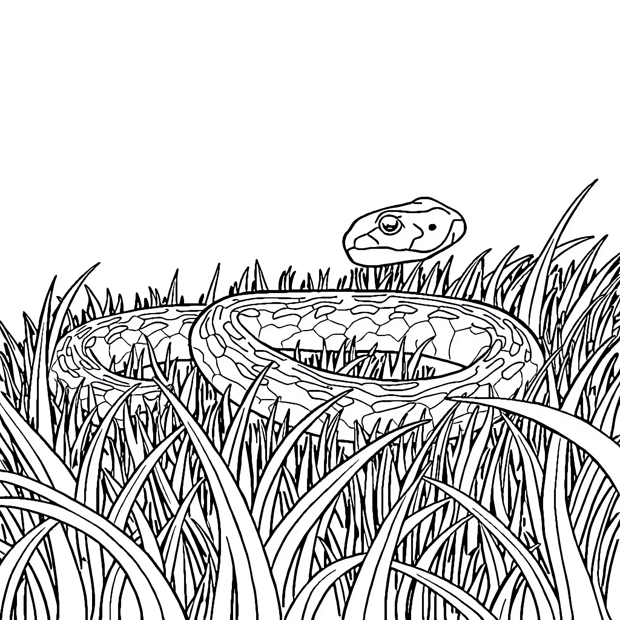Snake slithering through tall grass Coloring Page (free black-and-white line drawing printable PDF for all, from beginners to advanced learners, including children, teens, adults, and seniors)