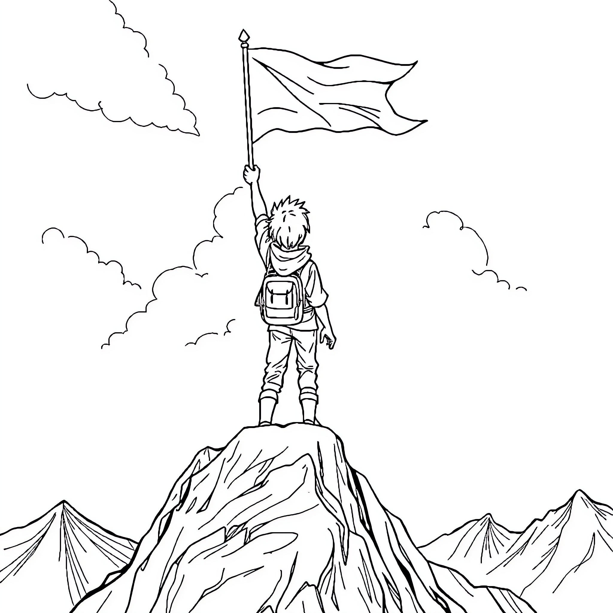 Boy standing atop a mountain, holding a flag Coloring Page (free black-and-white line drawing printable PDF for all, from beginners to advanced learners, including children, teens, adults, and seniors)