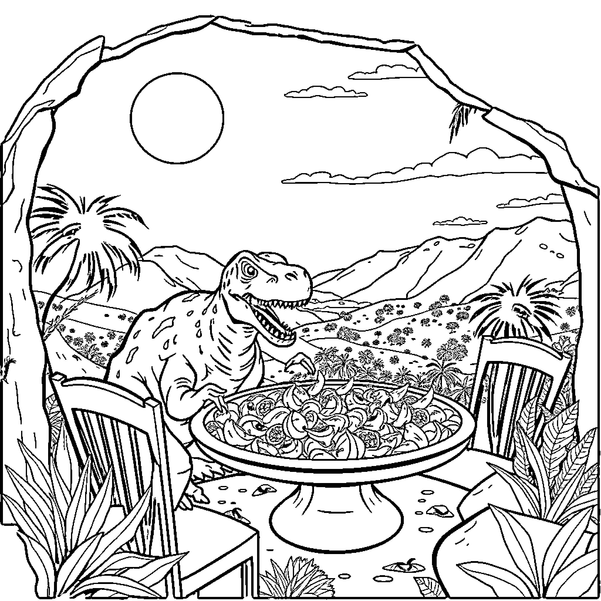 Dinosaur picnicking in the prehistoric landscape Coloring Page (free black-and-white line drawing printable PDF for all, from beginners to advanced learners, including children, teens, adults, and seniors)