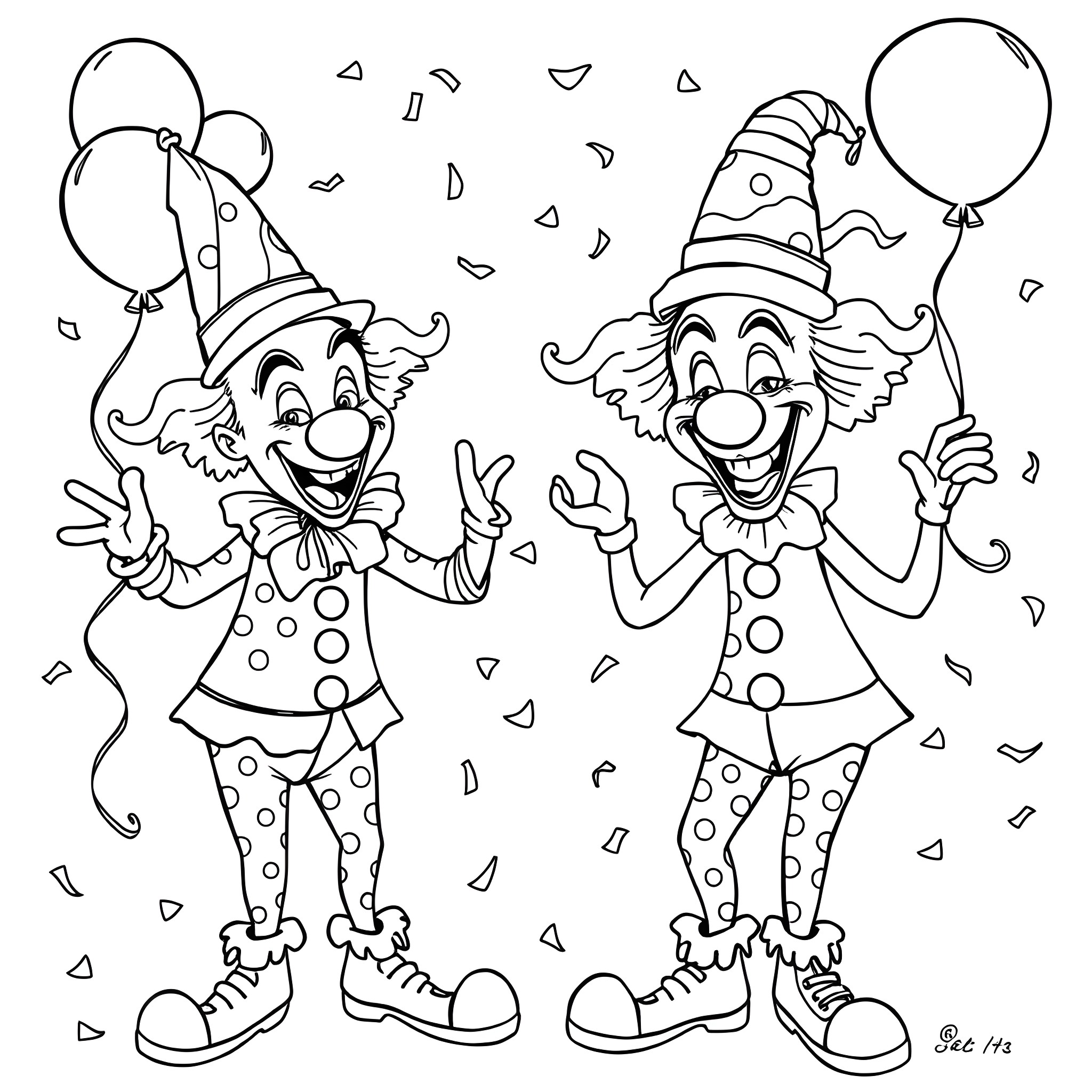 Clowns performing with balloons in a festive scene Coloring Page (free black-and-white line drawing printable PDF for all, from beginners to advanced learners, including children, teens, adults, and seniors)