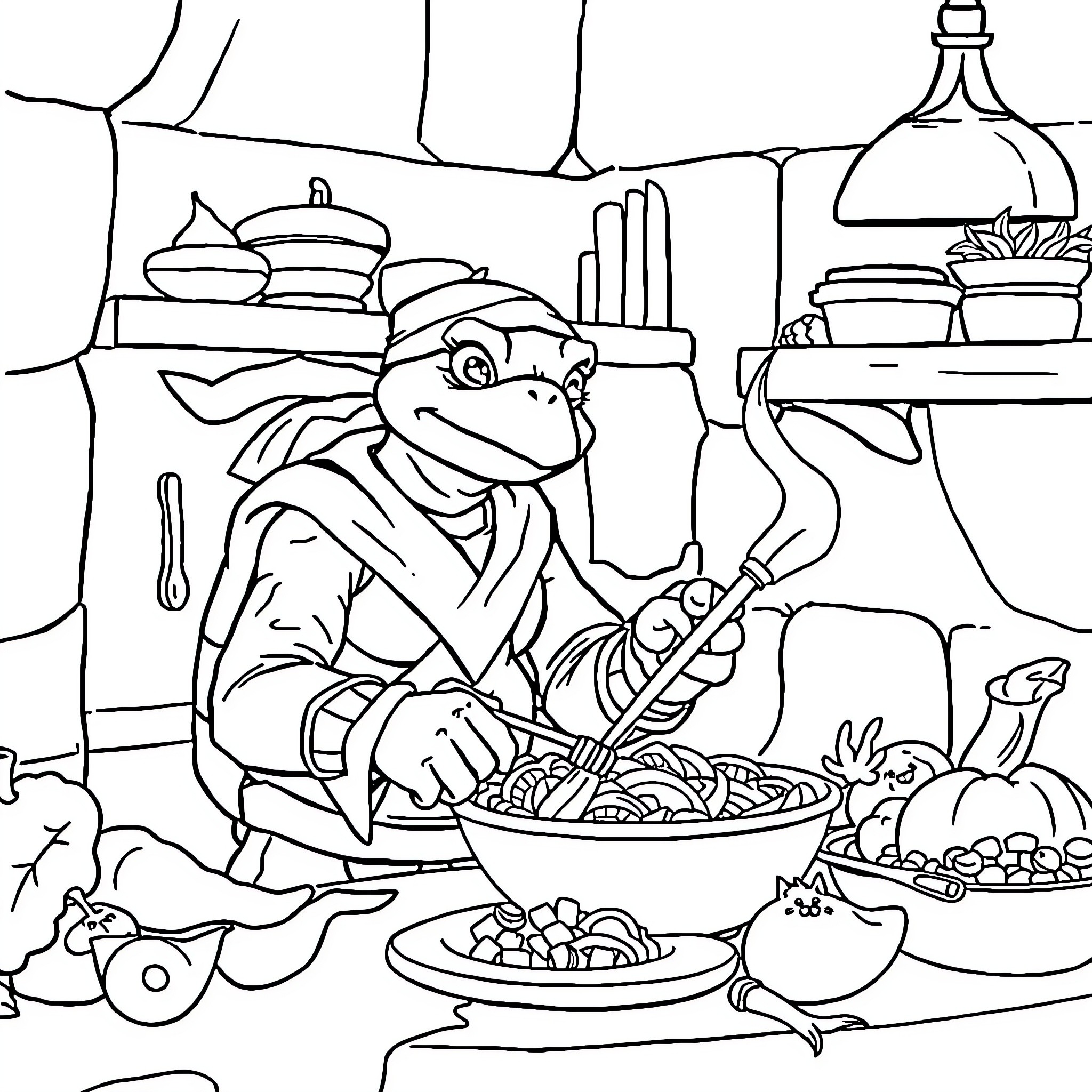 Turtle chef cooking a delicious meal in the kitchen Coloring Page (free black-and-white line drawing printable PDF for all, from beginners to advanced learners, including children, teens, adults, and seniors)
