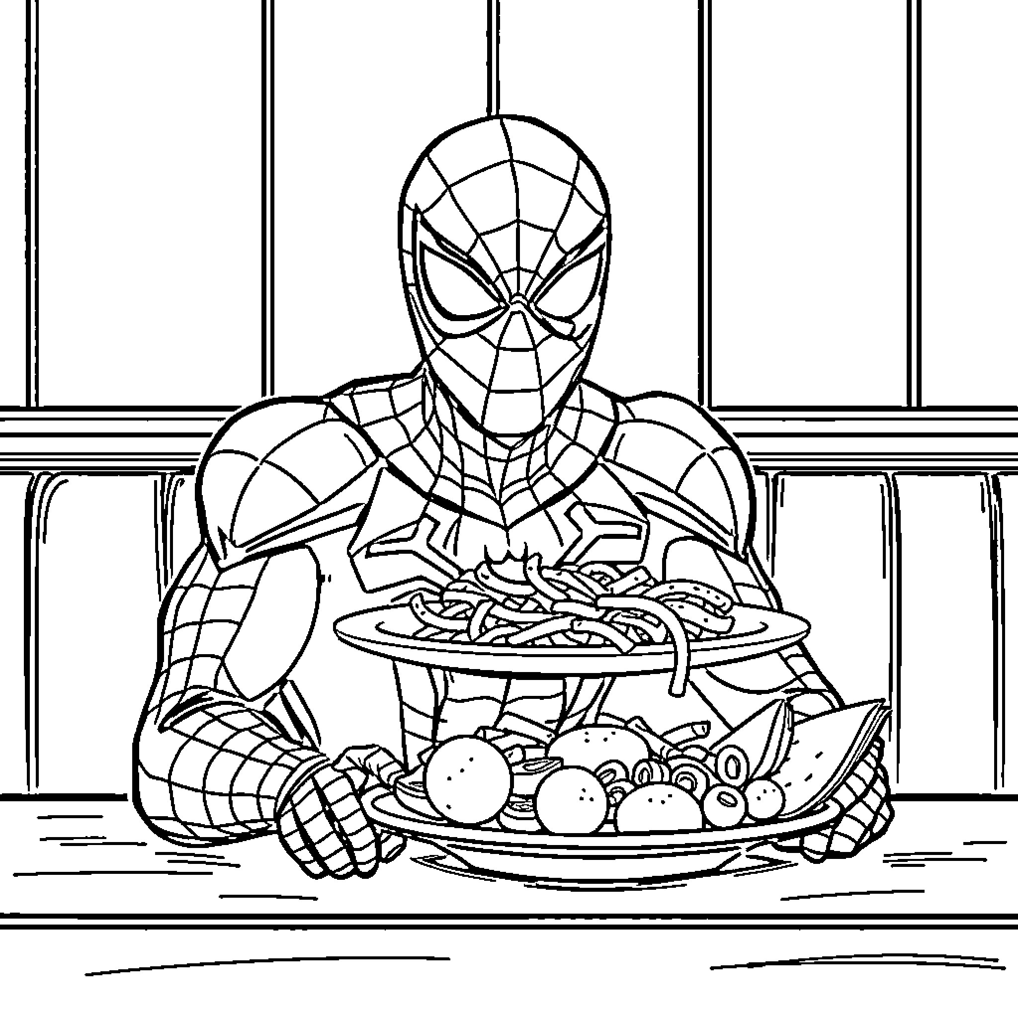 Spider-Man Enjoying a Meal in His Headquarters Coloring Page (free black-and-white line drawing printable PDF for all, from beginners to advanced learners, including children, teens, adults, and seniors)