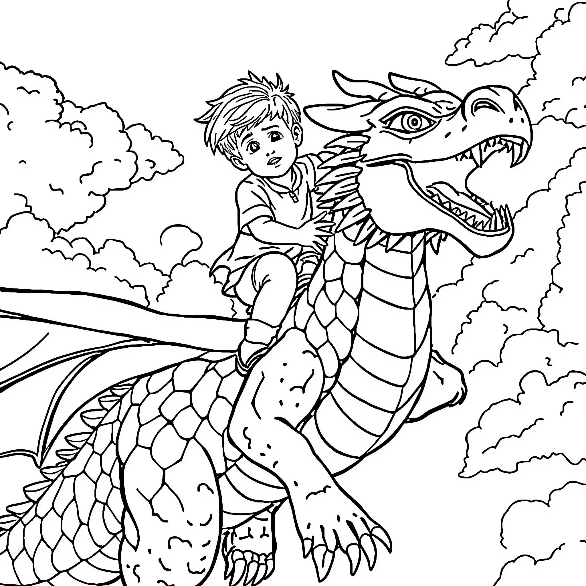 Boy riding a majestic dragon through the clouds Coloring Page (free black-and-white line drawing printable PDF for all, from beginners to advanced learners, including children, teens, adults, and seniors)