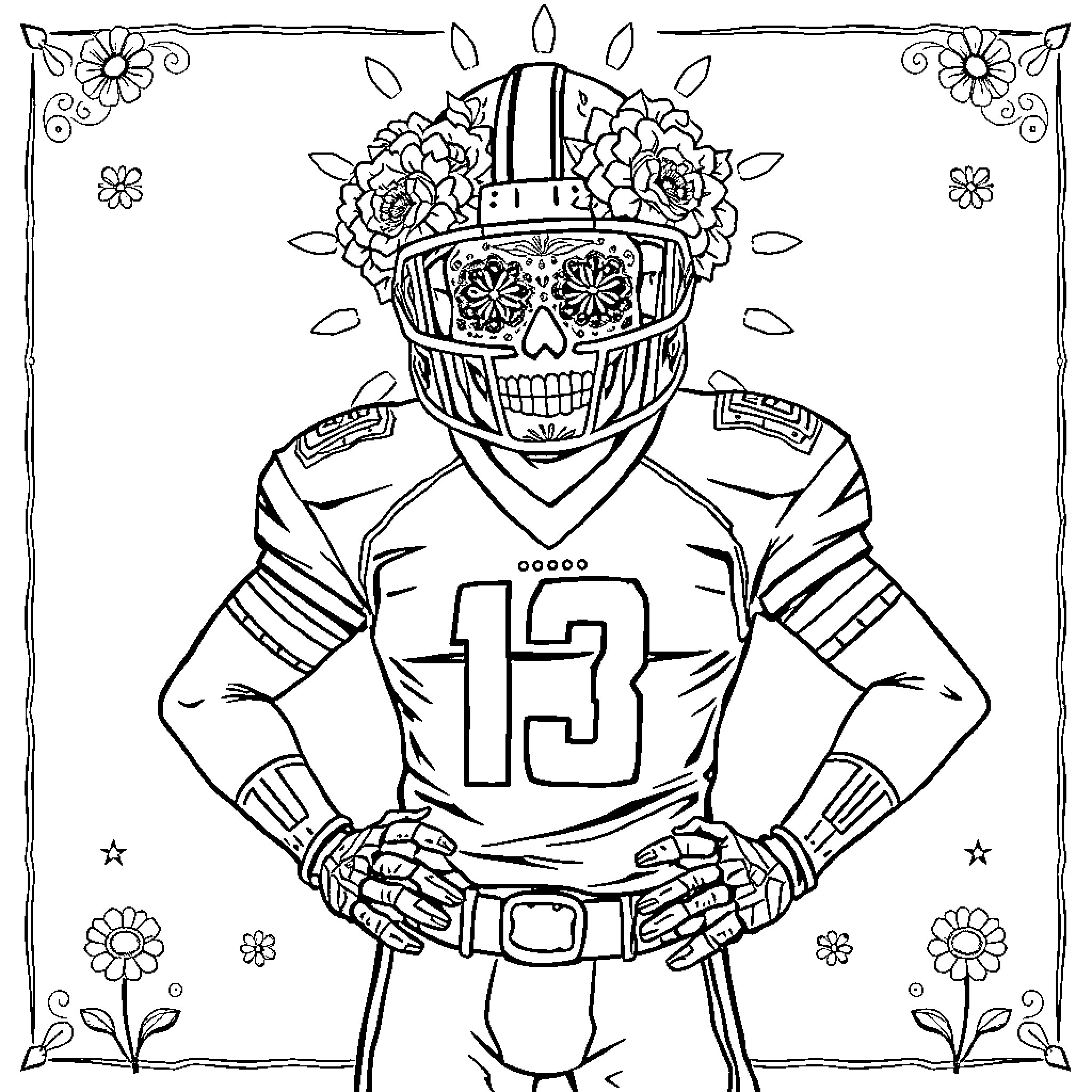 Football Player with Floral Helmet and Uniform Coloring Page (free black-and-white line drawing printable PDF for all, from beginners to advanced learners, including children, teens, adults, and seniors)
