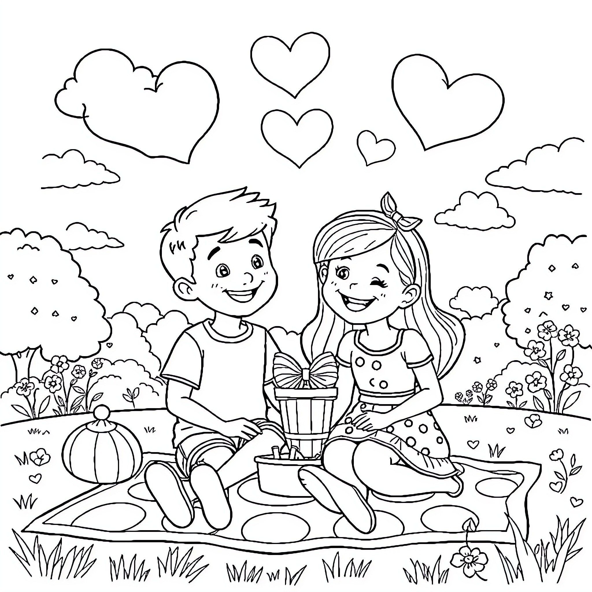 Picnic with happy friends in a scenic landscape Coloring Page (free black-and-white line drawing printable PDF for all, from beginners to advanced learners, including children, teens, adults, and seniors)
