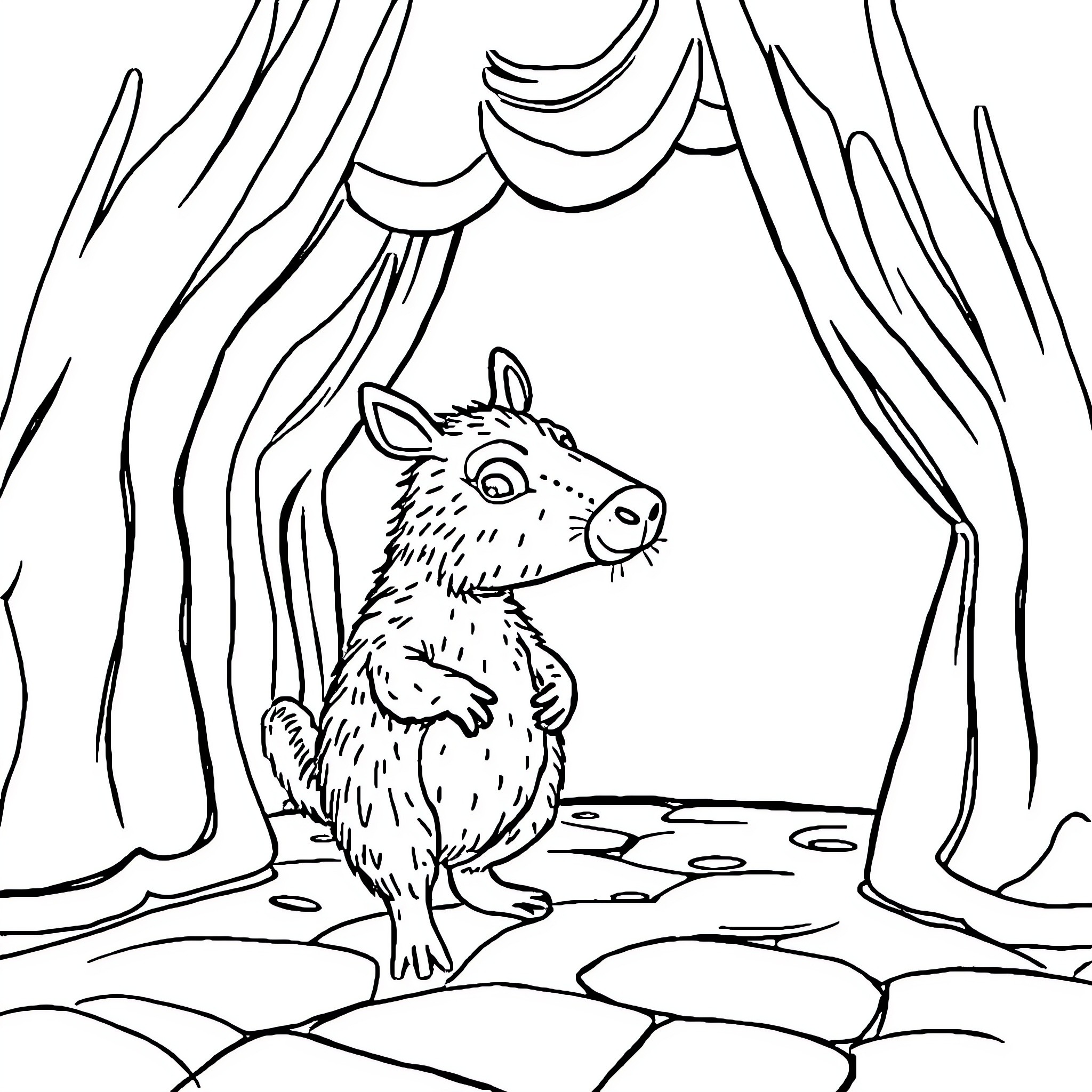 Capybara peeking through forest curtains Coloring Page (free black-and-white line drawing printable PDF for all, from beginners to advanced learners, including children, teens, adults, and seniors)