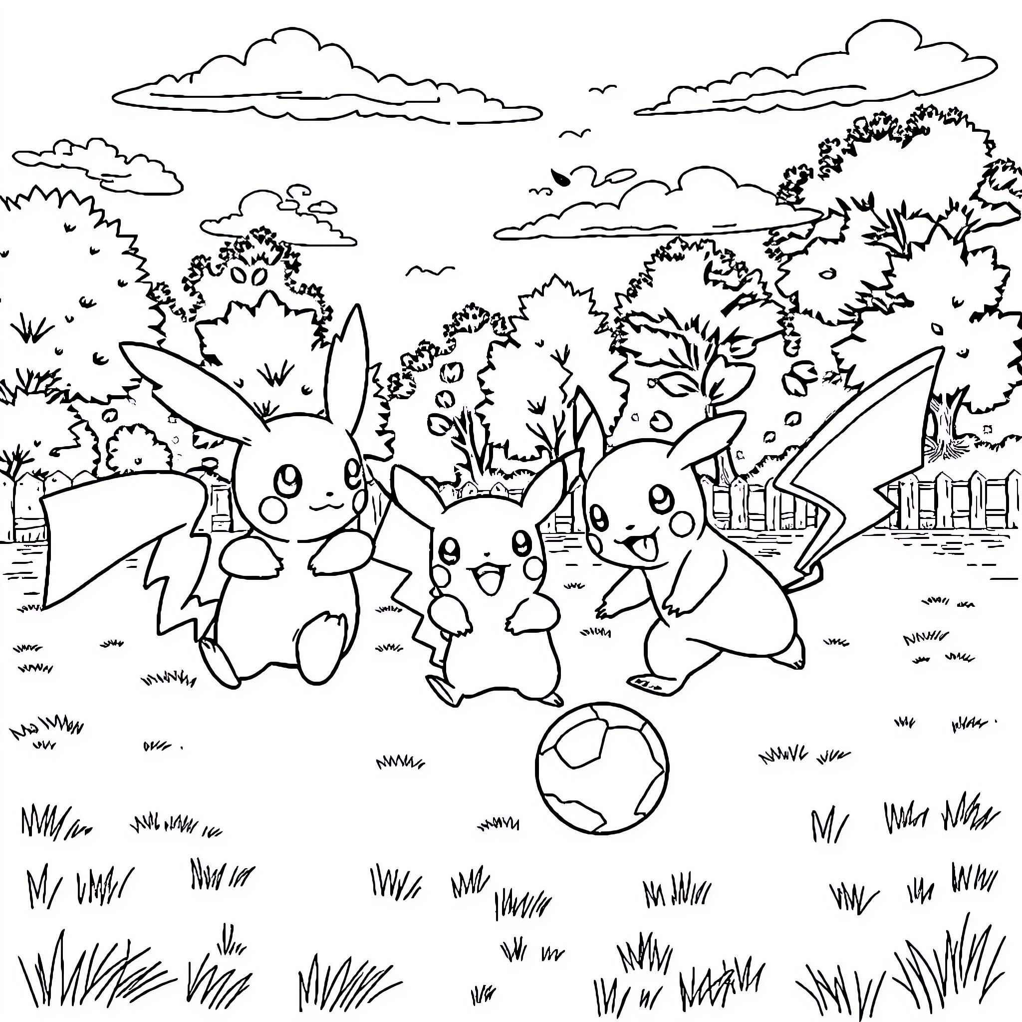 Pokémon characters playing together in a nature scene Coloring Page (free black-and-white line drawing printable PDF for all, from beginners to advanced learners, including children, teens, adults, and seniors)