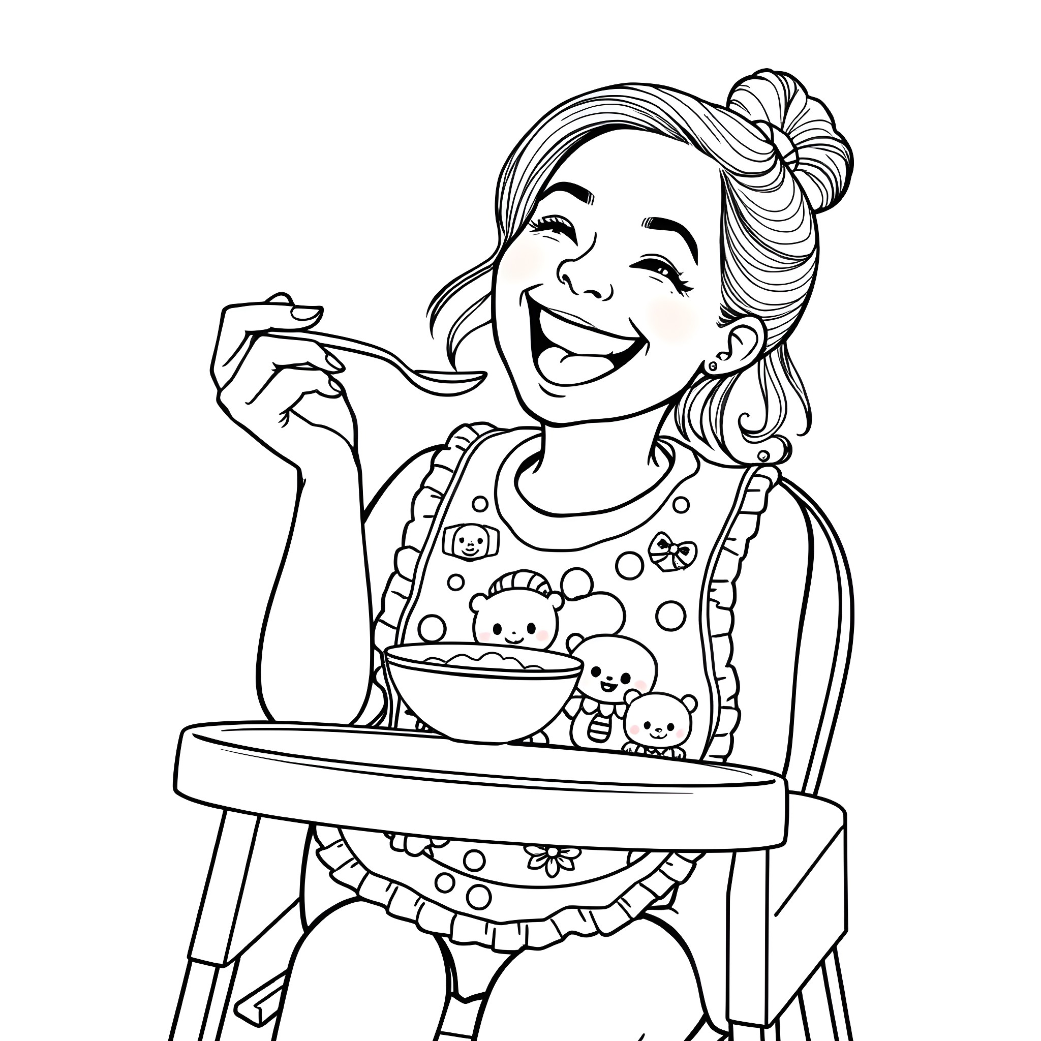 Woman happily eating from a bowl of animal-themed snacks Coloring Page (free black-and-white line drawing printable PDF for all, from beginners to advanced learners, including children, teens, adults, and seniors)