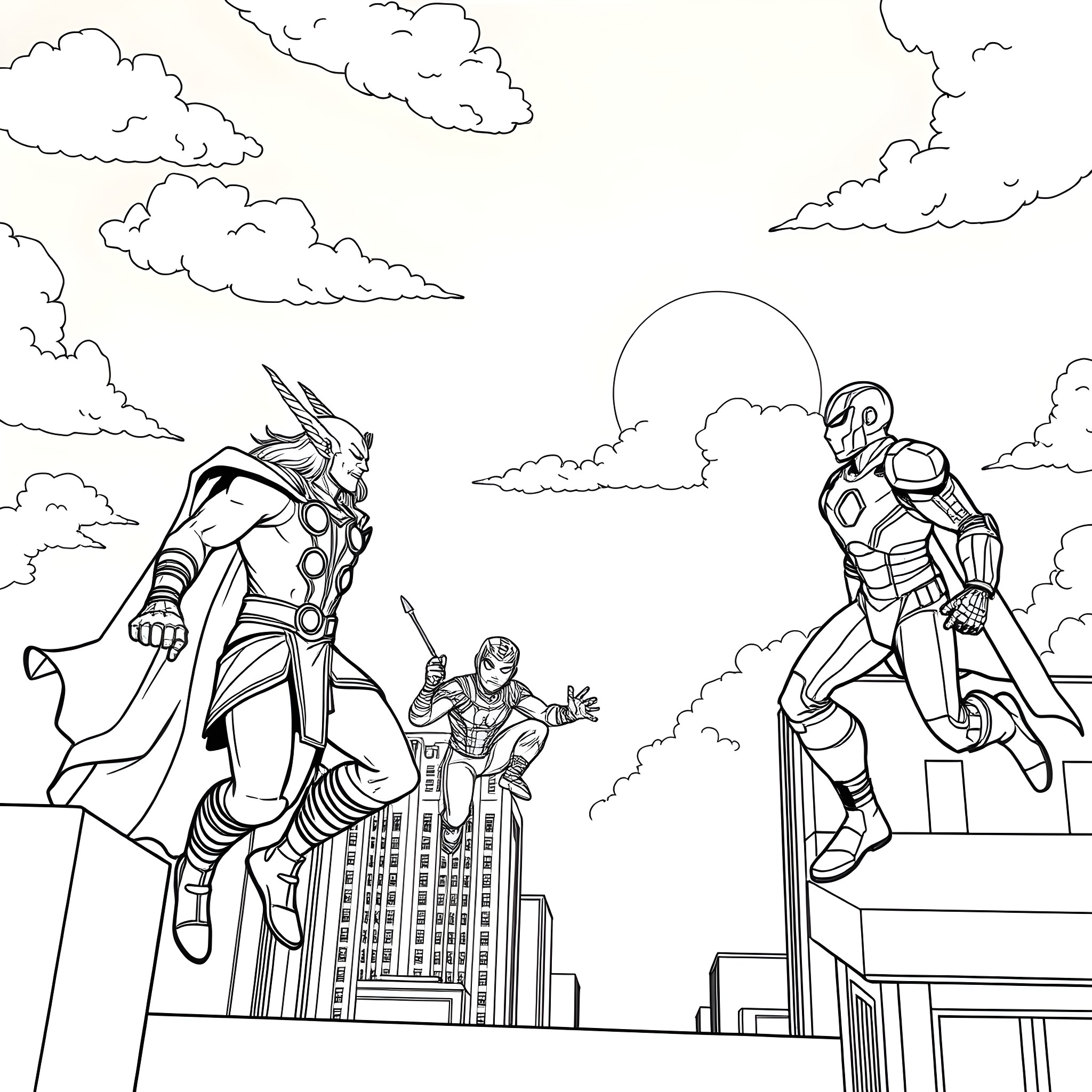 Thor and Superheroes Battle in the City Coloring Page (free black-and-white line drawing printable PDF for all, from beginners to advanced learners, including children, teens, adults, and seniors)