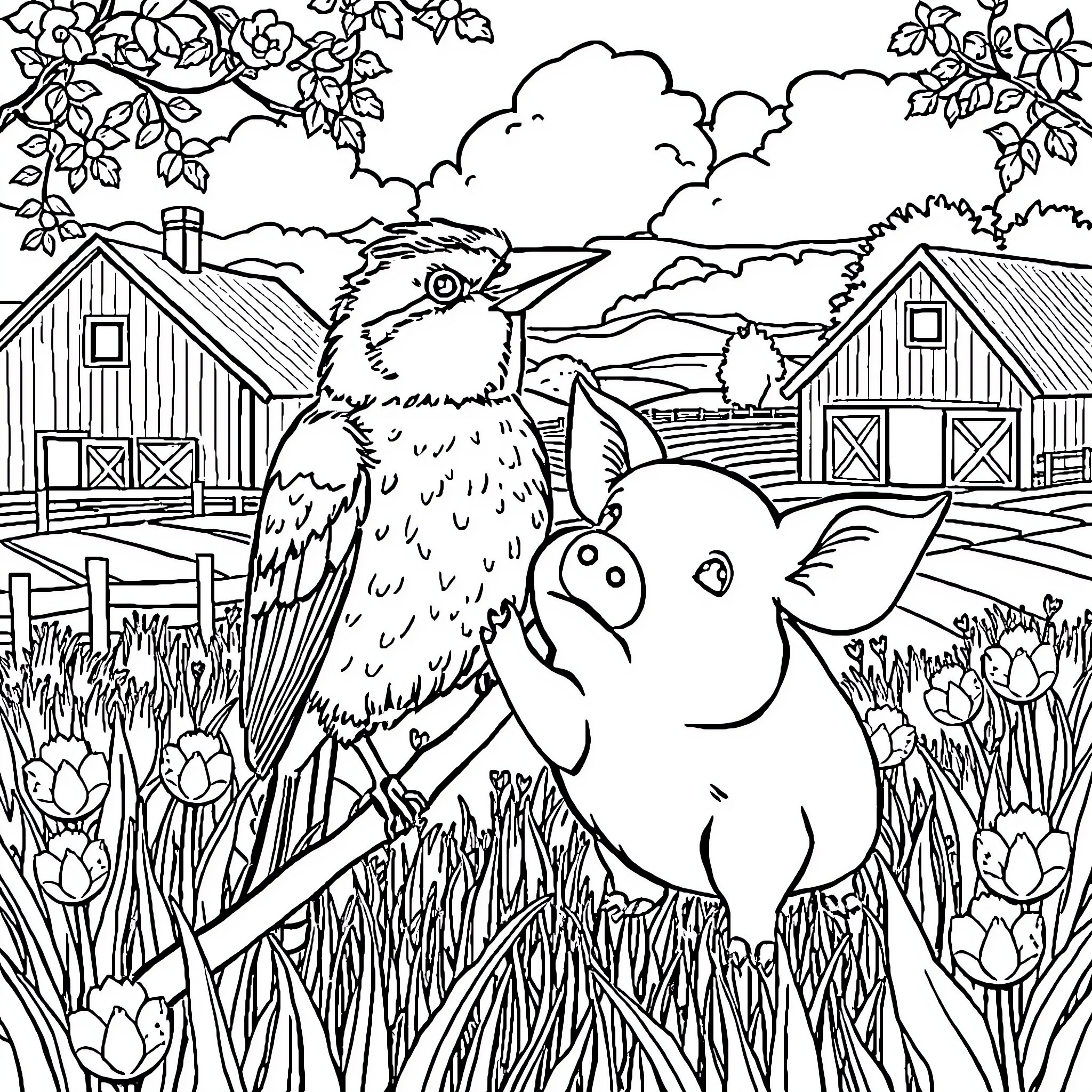 Squirrel interacting with a friendly bird in a countryside scene Coloring Page (free black-and-white line drawing printable PDF for all, from beginners to advanced learners, including children, teens, adults, and seniors)