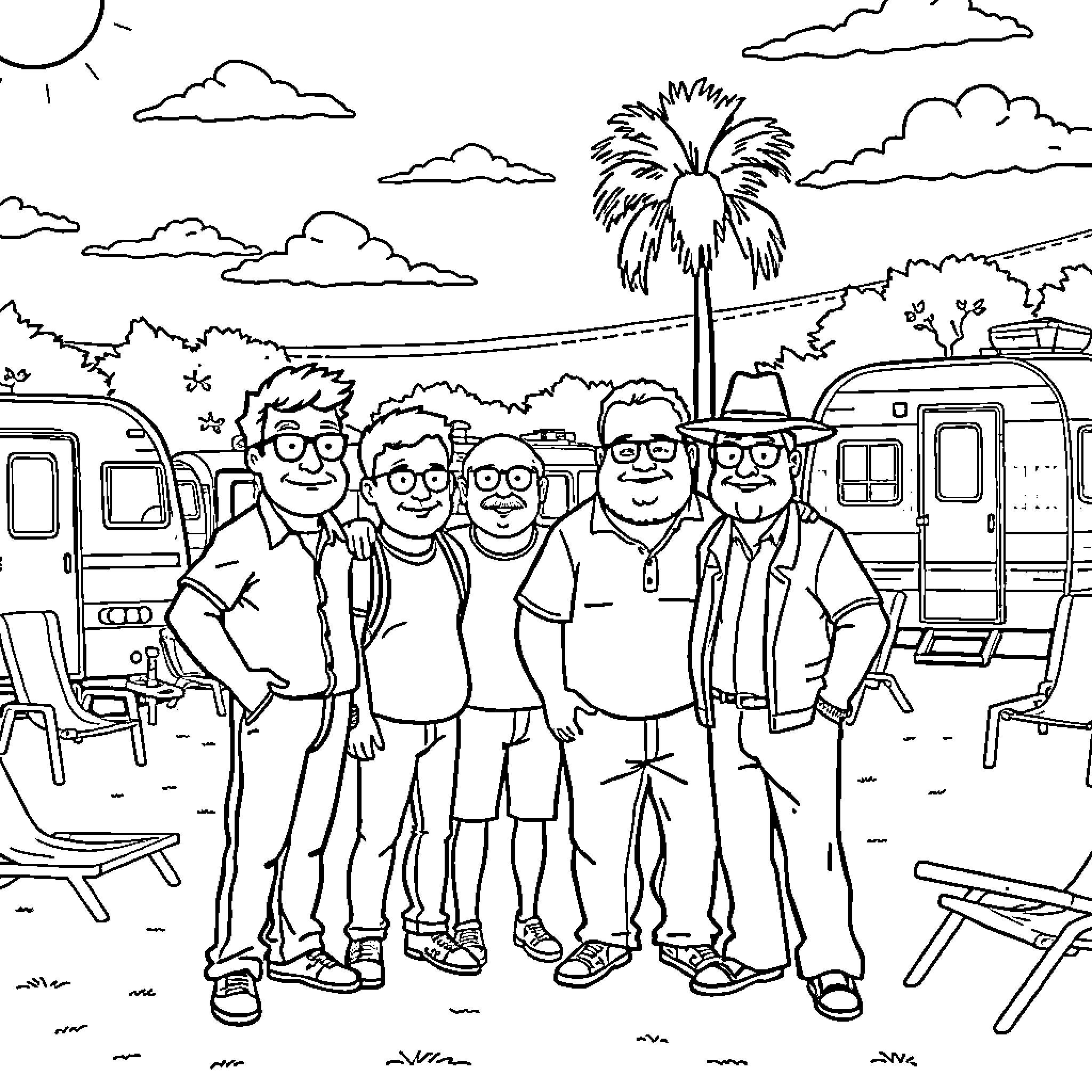 Trailer Park Boys enjoying a day out in the trailer park Coloring Page (free black-and-white line drawing printable PDF for all, from beginners to advanced learners, including children, teens, adults, and seniors)