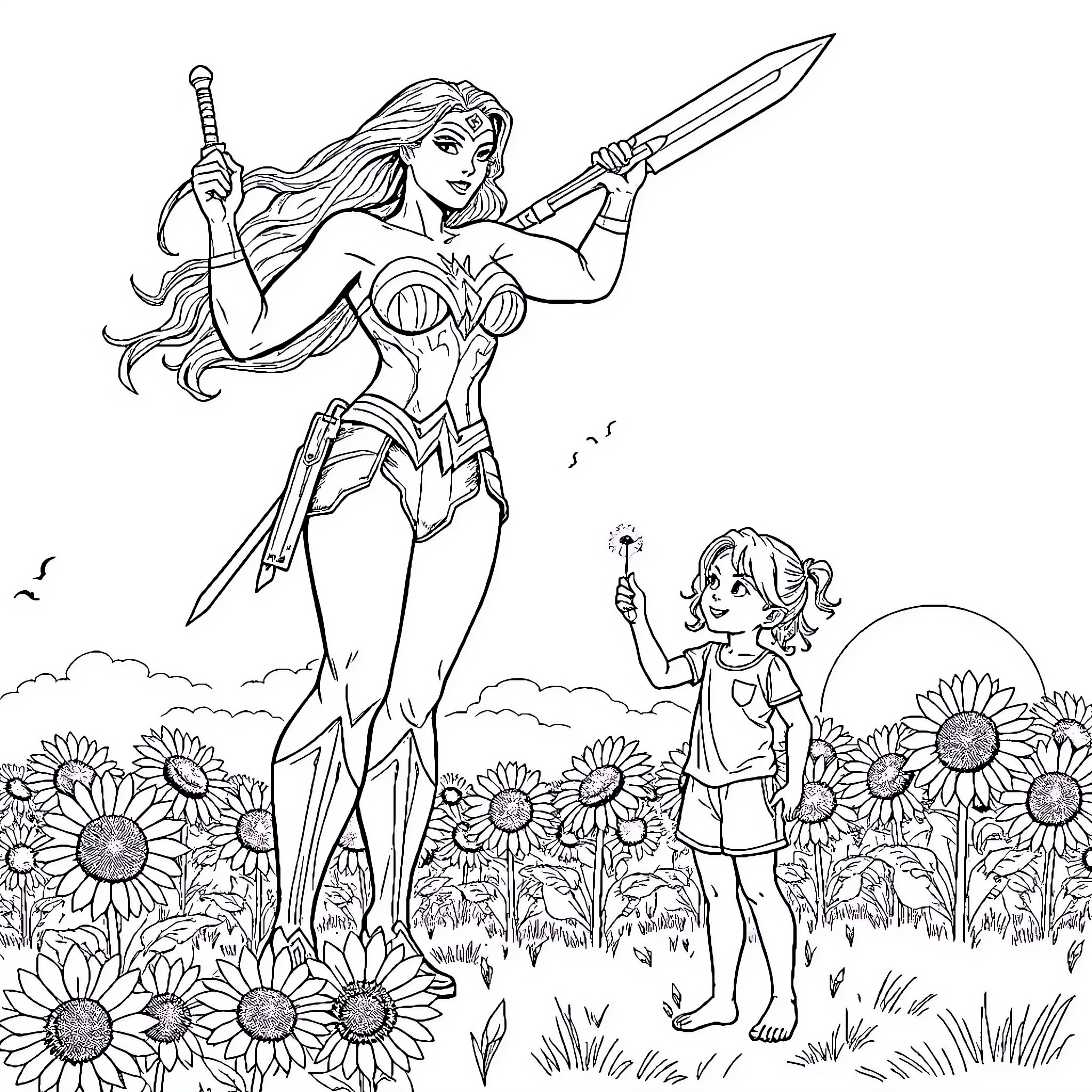 Wonder Woman battles heroically in a sunflower field Coloring Page (free black-and-white line drawing printable PDF for all, from beginners to advanced learners, including children, teens, adults, and seniors)