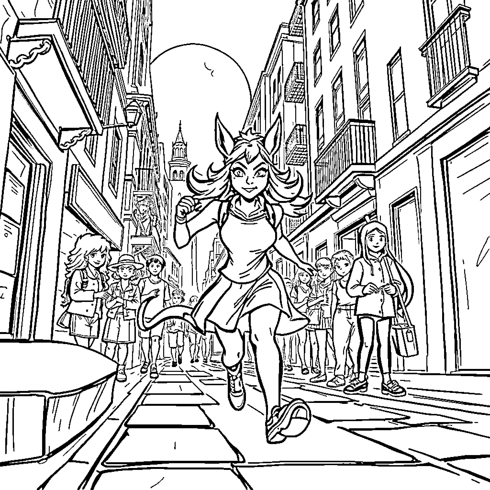 Monja walking confidently through the bustling city Coloring Page (free black-and-white line drawing printable PDF for all, from beginners to advanced learners, including children, teens, adults, and seniors)