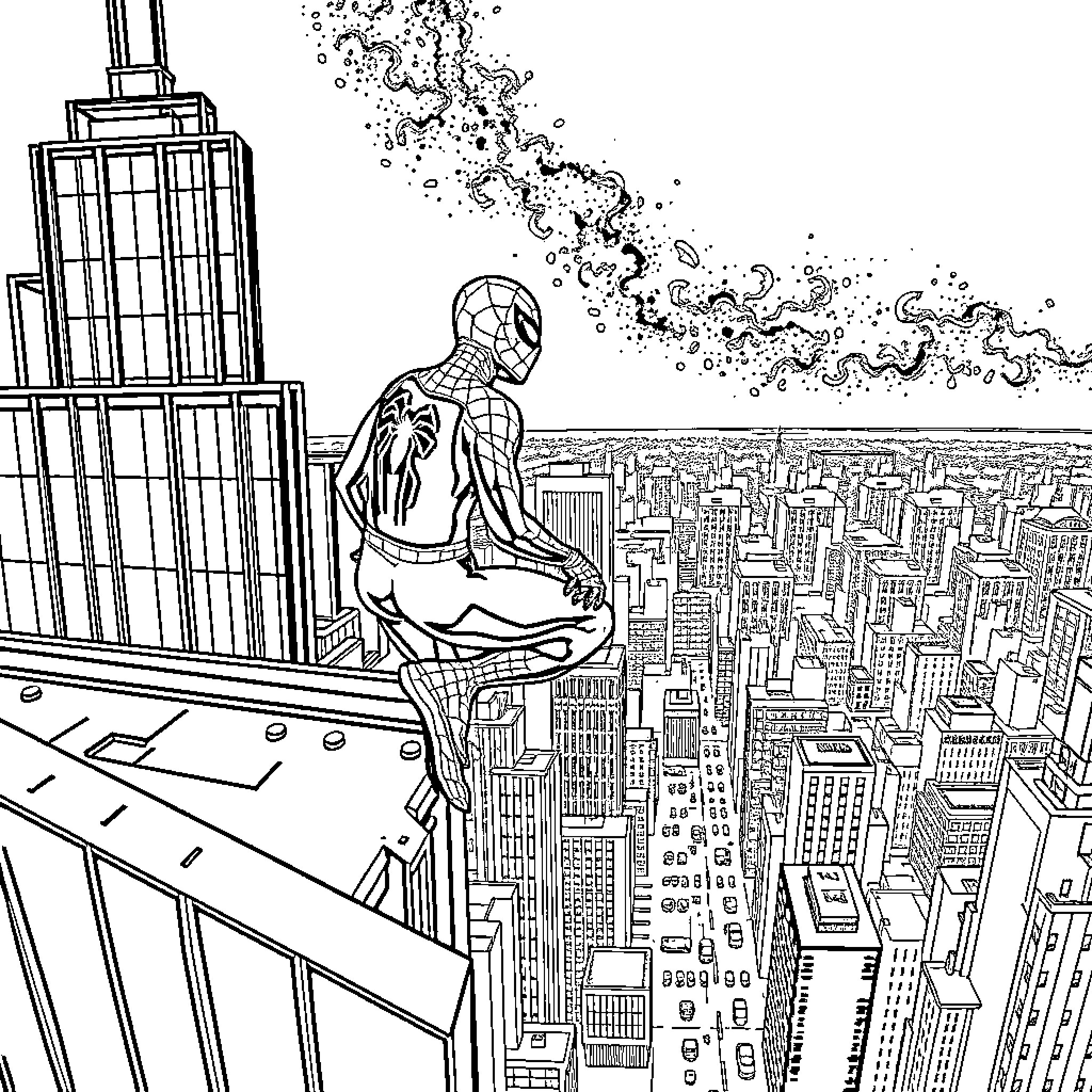 Spiderman overlooking the city skyline Coloring Page (free black-and-white line drawing printable PDF for all, from beginners to advanced learners, including children, teens, adults, and seniors)