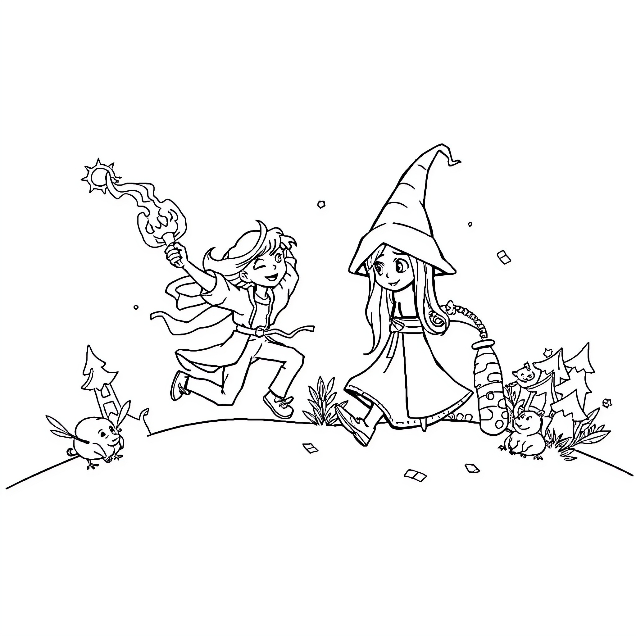 Adventure Time: Magical Adventures of Friends in the Forest Coloring Page (free black-and-white line drawing printable PDF for all, from beginners to advanced learners, including children, teens, adults, and seniors)