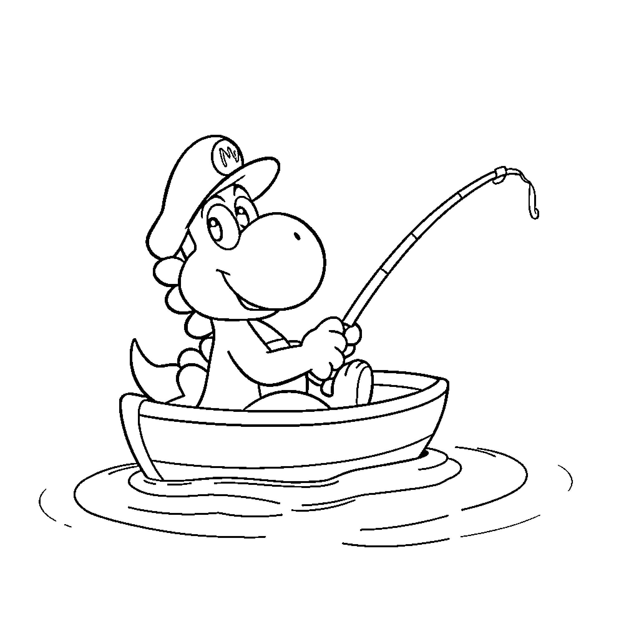 Yoshi enjoying a relaxing fishing trip Coloring Page (free black-and-white line drawing printable PDF for all, from beginners to advanced learners, including children, teens, adults, and seniors)
