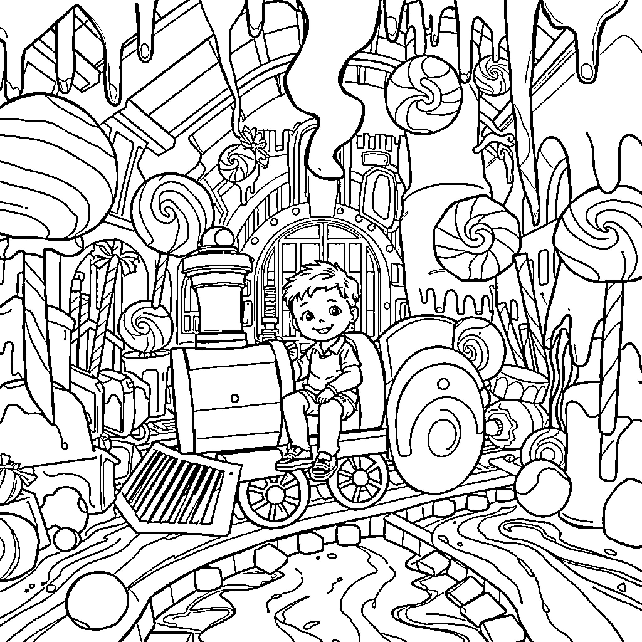 Boy riding on a fantastical train through a magical landscape Coloring Page (free black-and-white line drawing printable PDF for all, from beginners to advanced learners, including children, teens, adults, and seniors)
