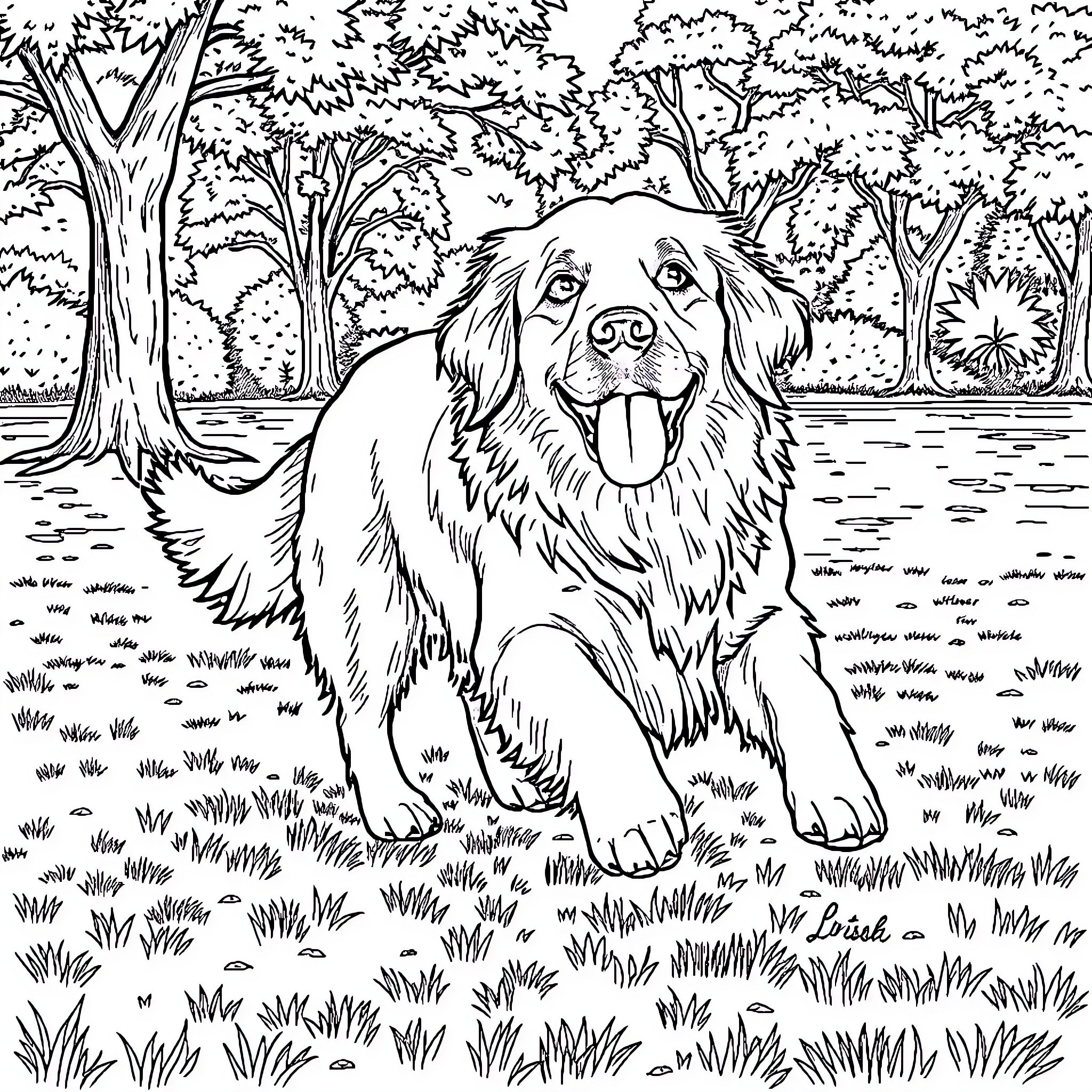 Dog exploring the serene forest landscape Coloring Page (free black-and-white line drawing printable PDF for all, from beginners to advanced learners, including children, teens, adults, and seniors)