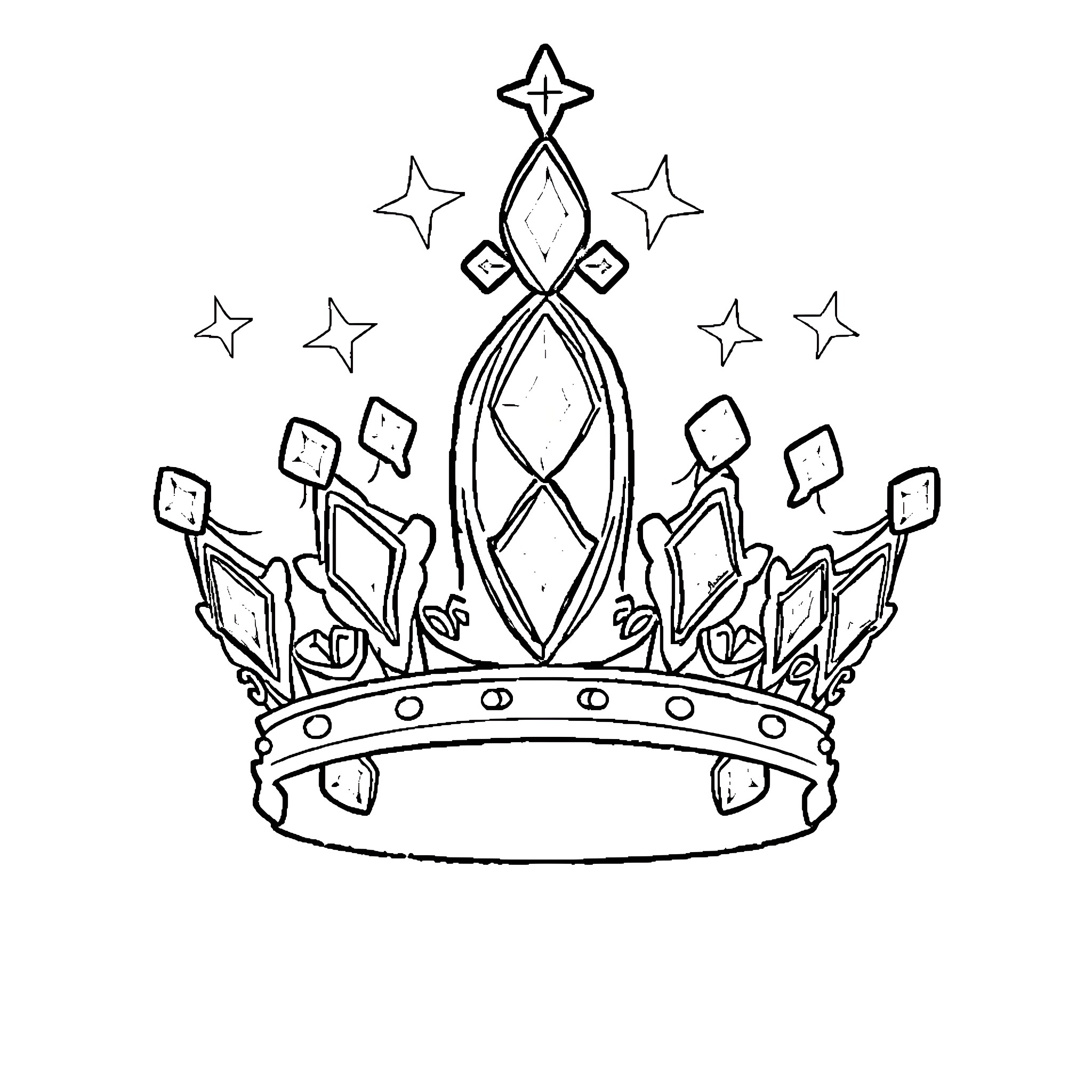Crown adorned with ornate jewels and stars Coloring Page (free black-and-white line drawing printable PDF for all, from beginners to advanced learners, including children, teens, adults, and seniors)