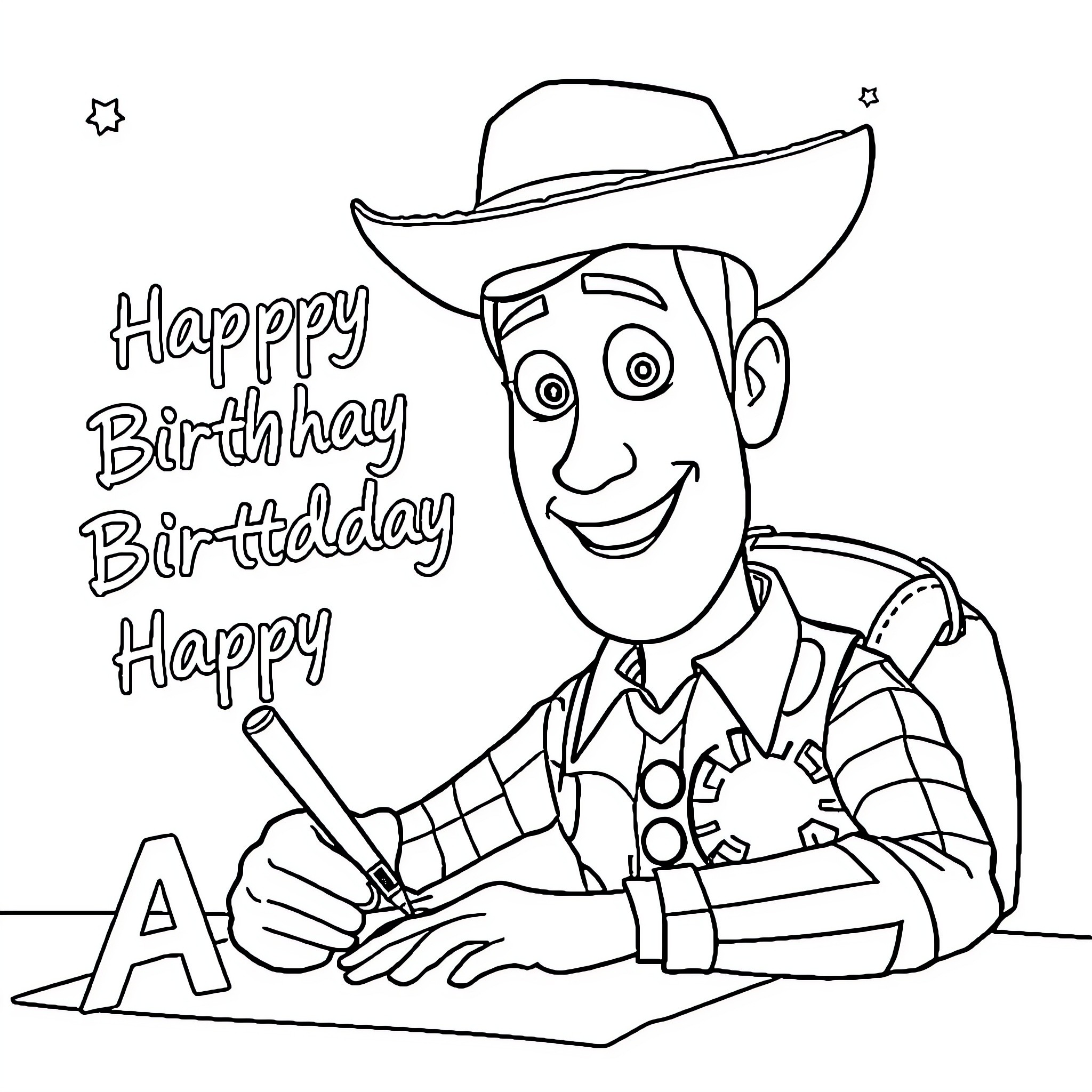 Woody celebrates birthday with happy expression Coloring Page (free black-and-white line drawing printable PDF for all, from beginners to advanced learners, including children, teens, adults, and seniors)
