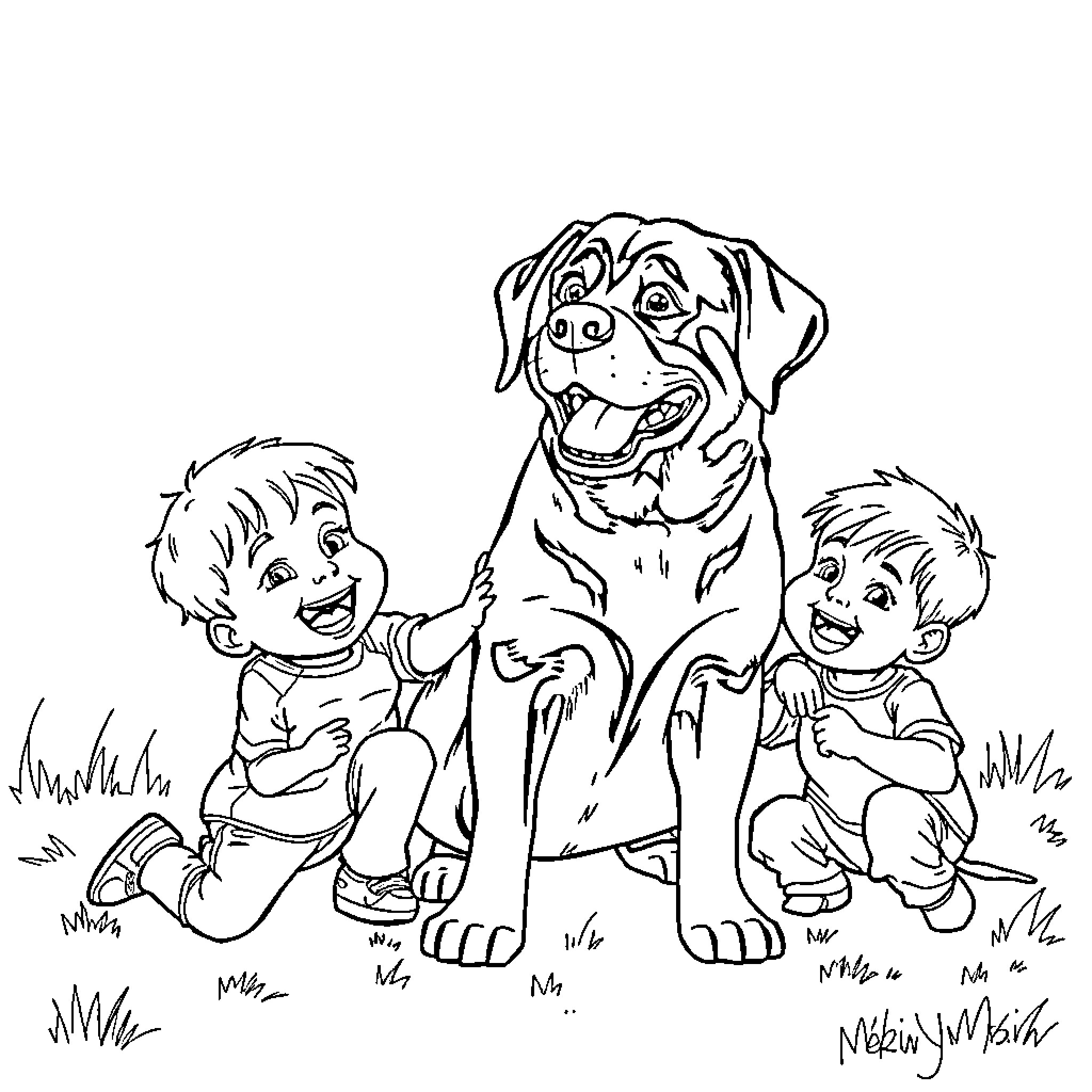 Rottweiler playing with cheerful children Coloring Page (free black-and-white line drawing printable PDF for all, from beginners to advanced learners, including children, teens, adults, and seniors)