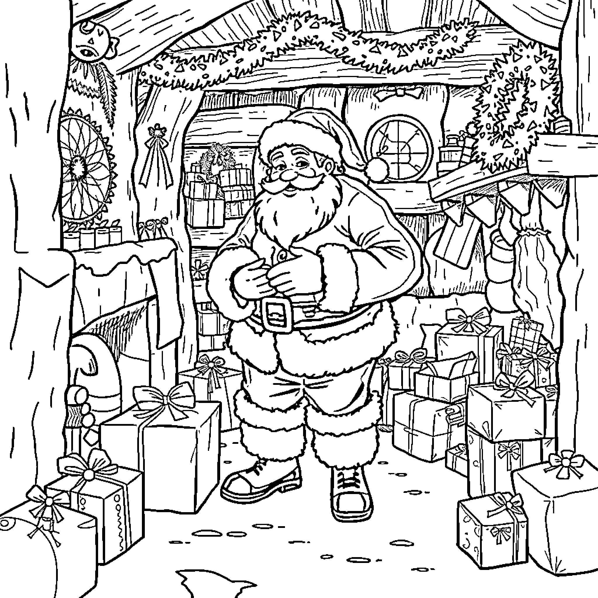 Santa Enjoys the Christmas Festivities in His Workshop Coloring Page (free black-and-white line drawing printable PDF for all, from beginners to advanced learners, including children, teens, adults, and seniors)