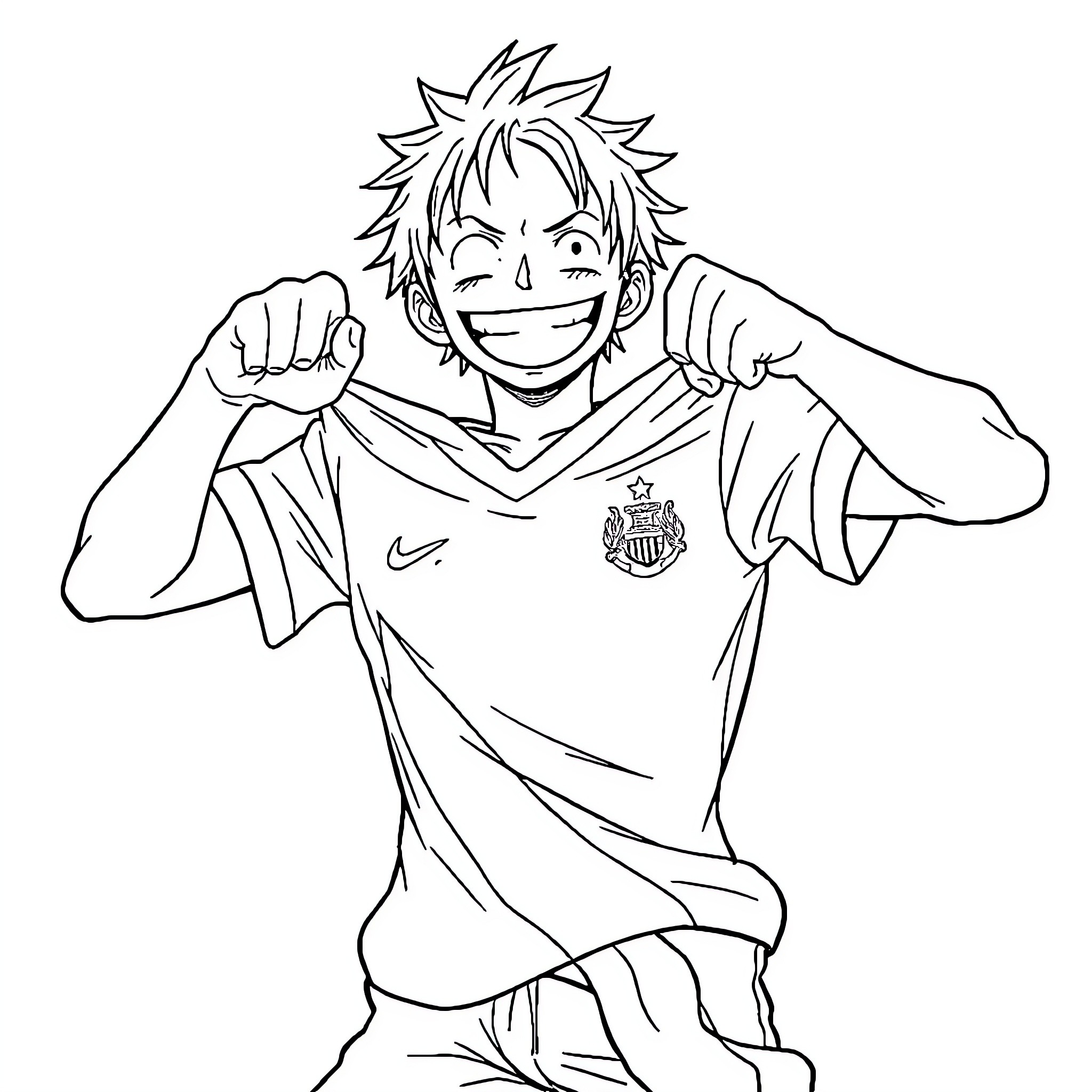 Luffy excited and cheering in soccer jersey Coloring Page (free black-and-white line drawing printable PDF for all, from beginners to advanced learners, including children, teens, adults, and seniors)