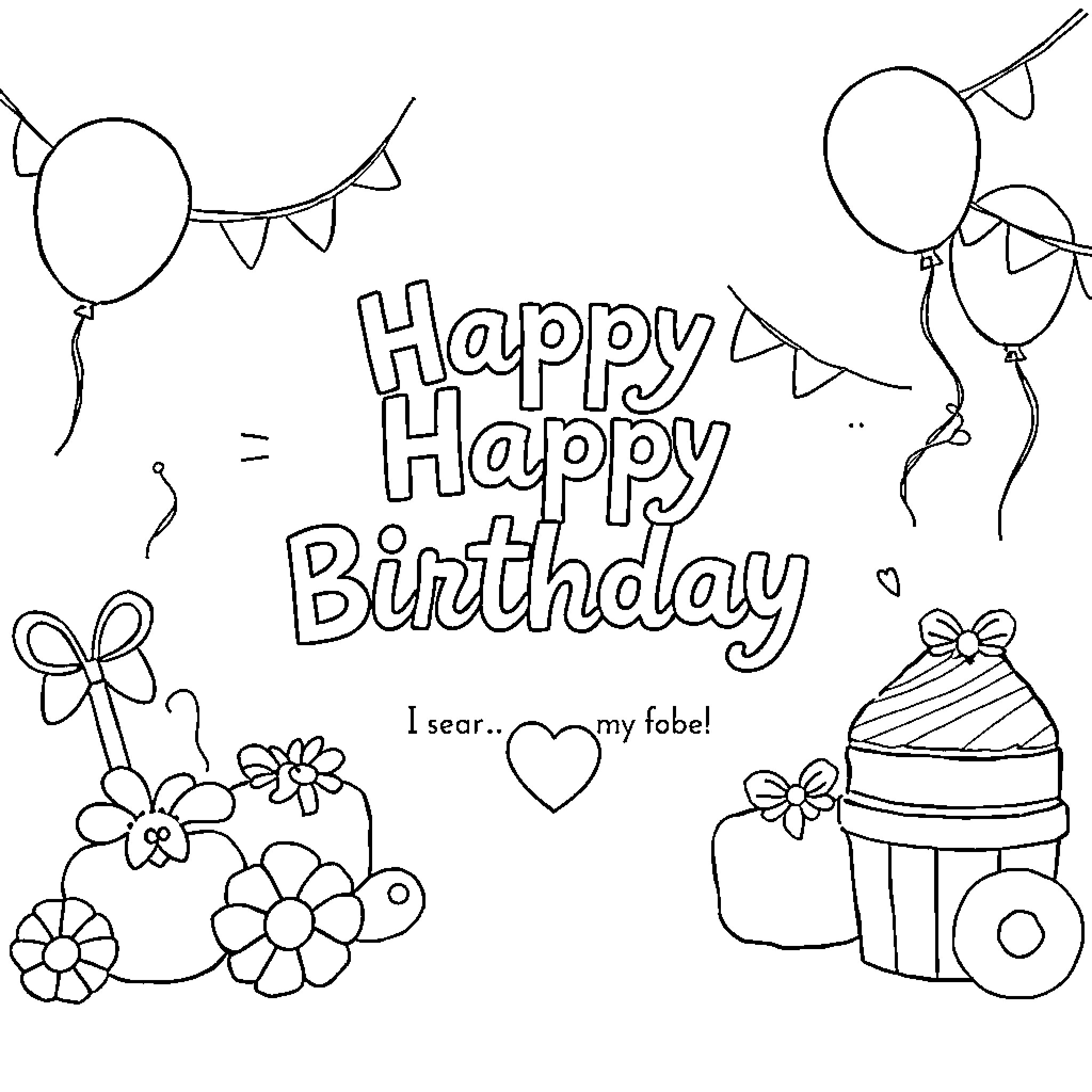 Birthday Card with Balloons, Flowers, and Cake Coloring Page (free black-and-white line drawing printable PDF for all, from beginners to advanced learners, including children, teens, adults, and seniors)