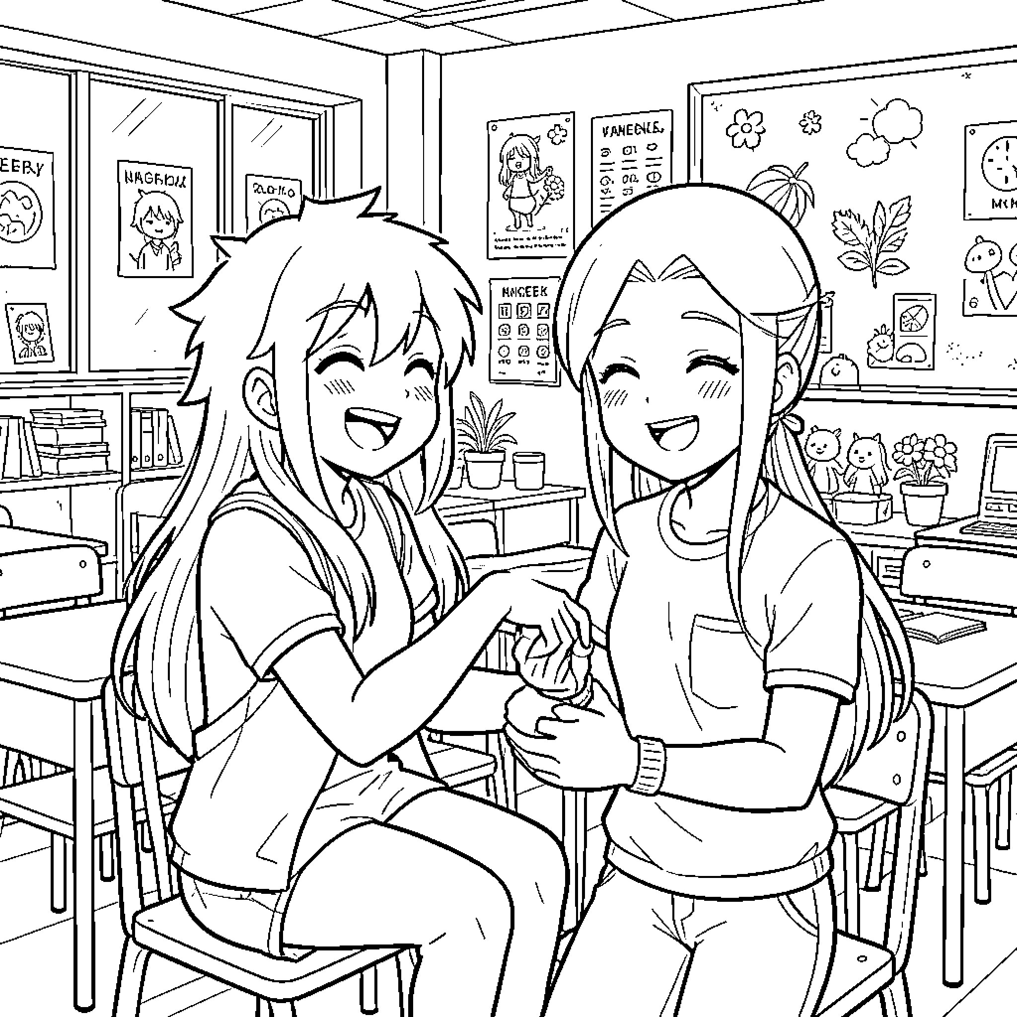 Iruma Kun's Cheerful Classroom Interaction Coloring Page (free black-and-white line drawing printable PDF for all, from beginners to advanced learners, including children, teens, adults, and seniors)