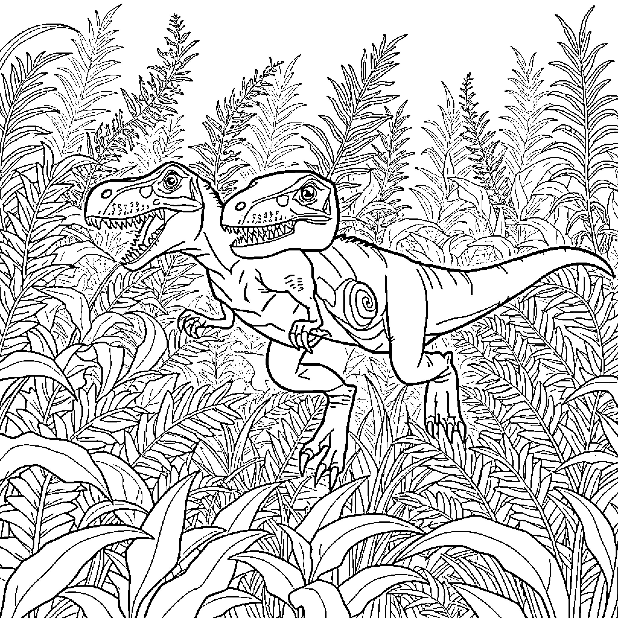 Velociraptors stalking through the lush prehistoric foliage Coloring Page (free black-and-white line drawing printable PDF for all, from beginners to advanced learners, including children, teens, adults, and seniors)