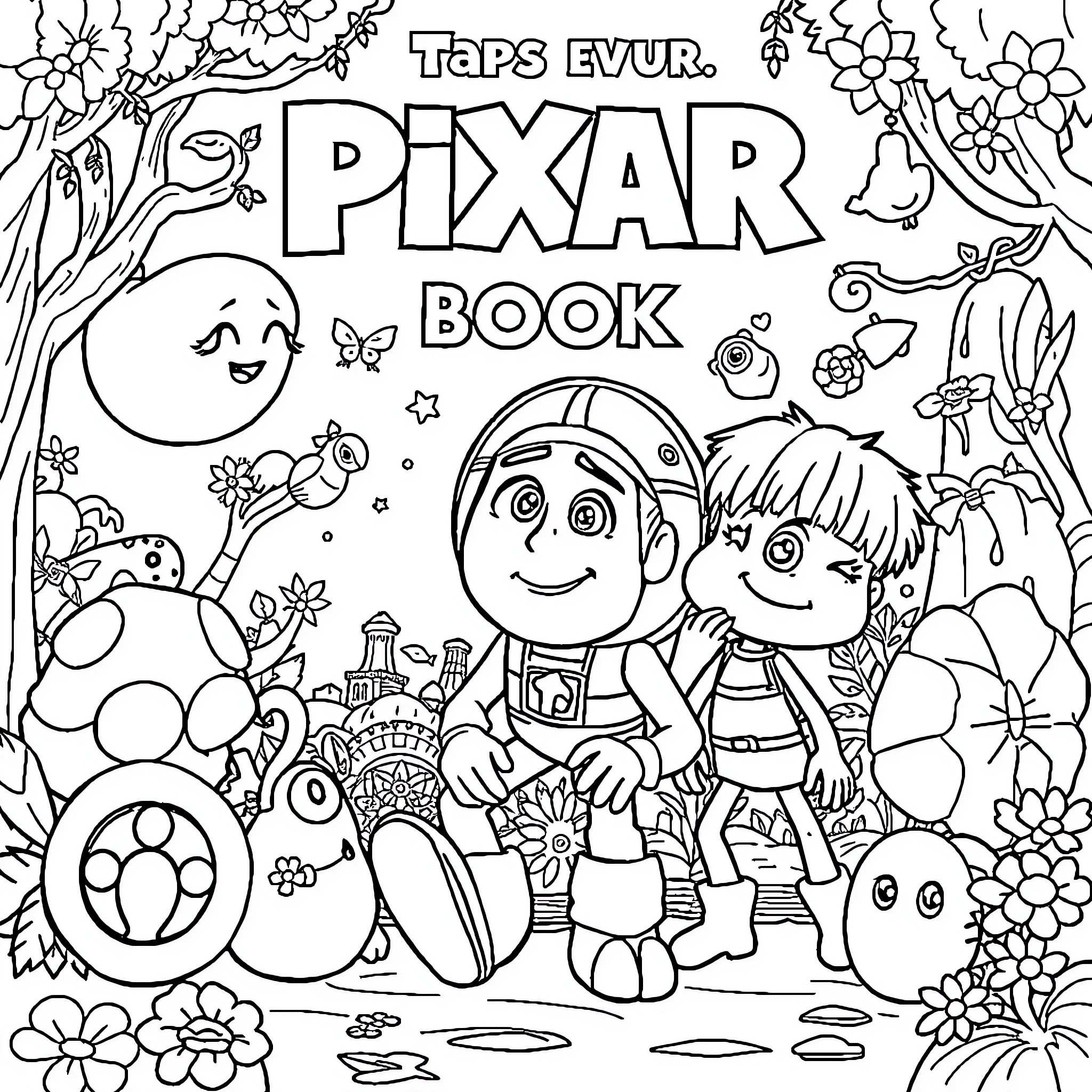 Pixar Coloring Book with Playful Characters Coloring Page (free black-and-white line drawing printable PDF for all, from beginners to advanced learners, including children, teens, adults, and seniors)
