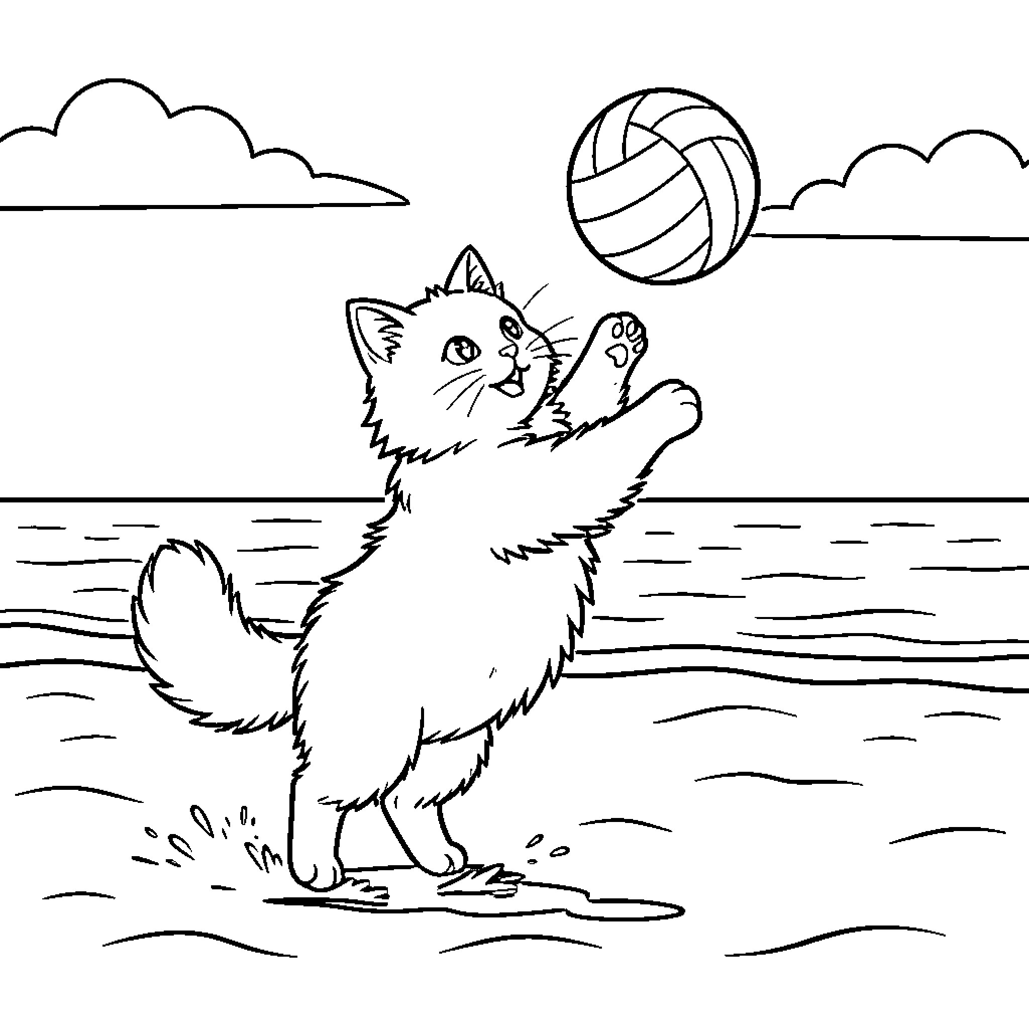 Cat playing with volleyball at the beach Coloring Page (free black-and-white line drawing printable PDF for all, from beginners to advanced learners, including children, teens, adults, and seniors)