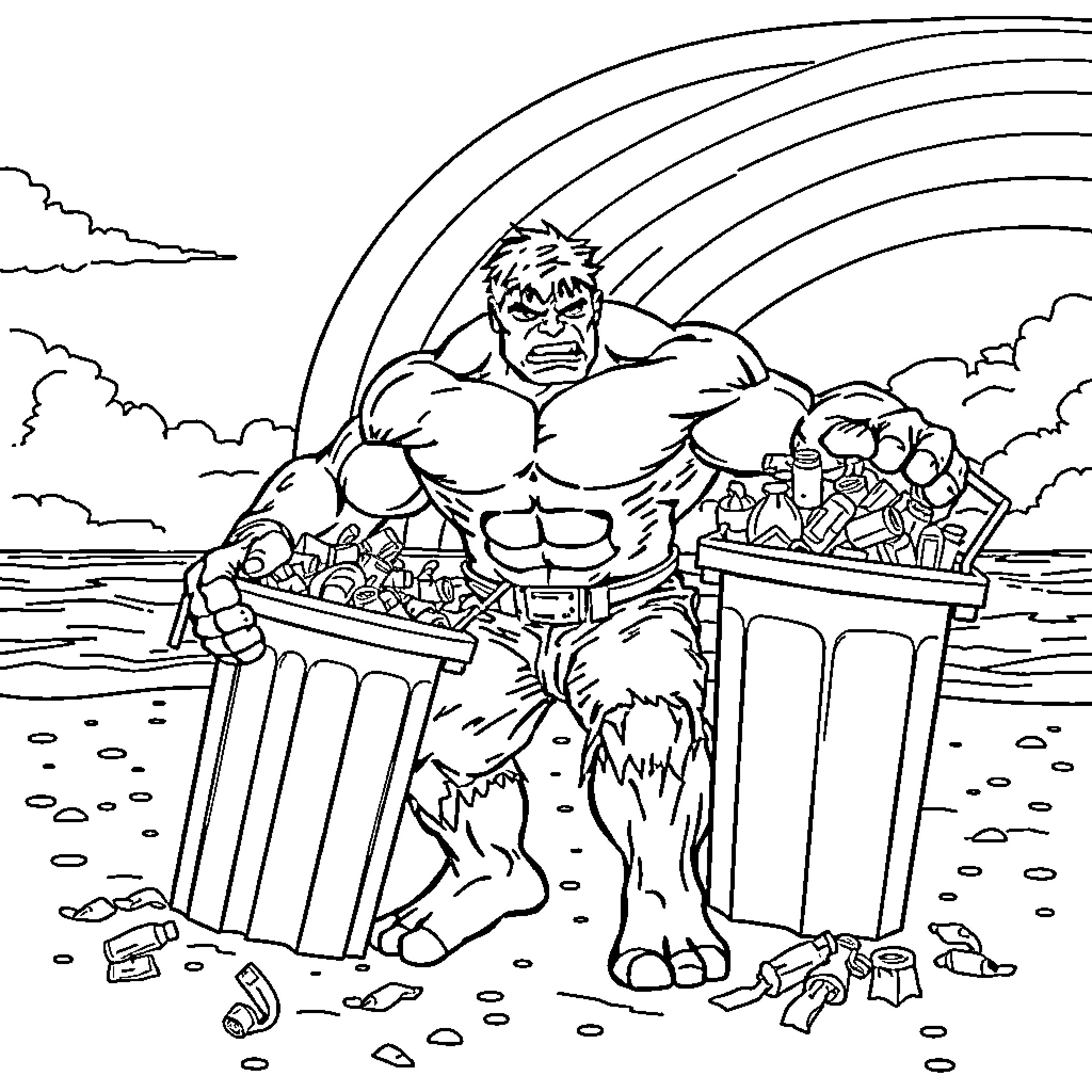 Hulk crushing debris with his immense strength Coloring Page (free black-and-white line drawing printable PDF for all, from beginners to advanced learners, including children, teens, adults, and seniors)