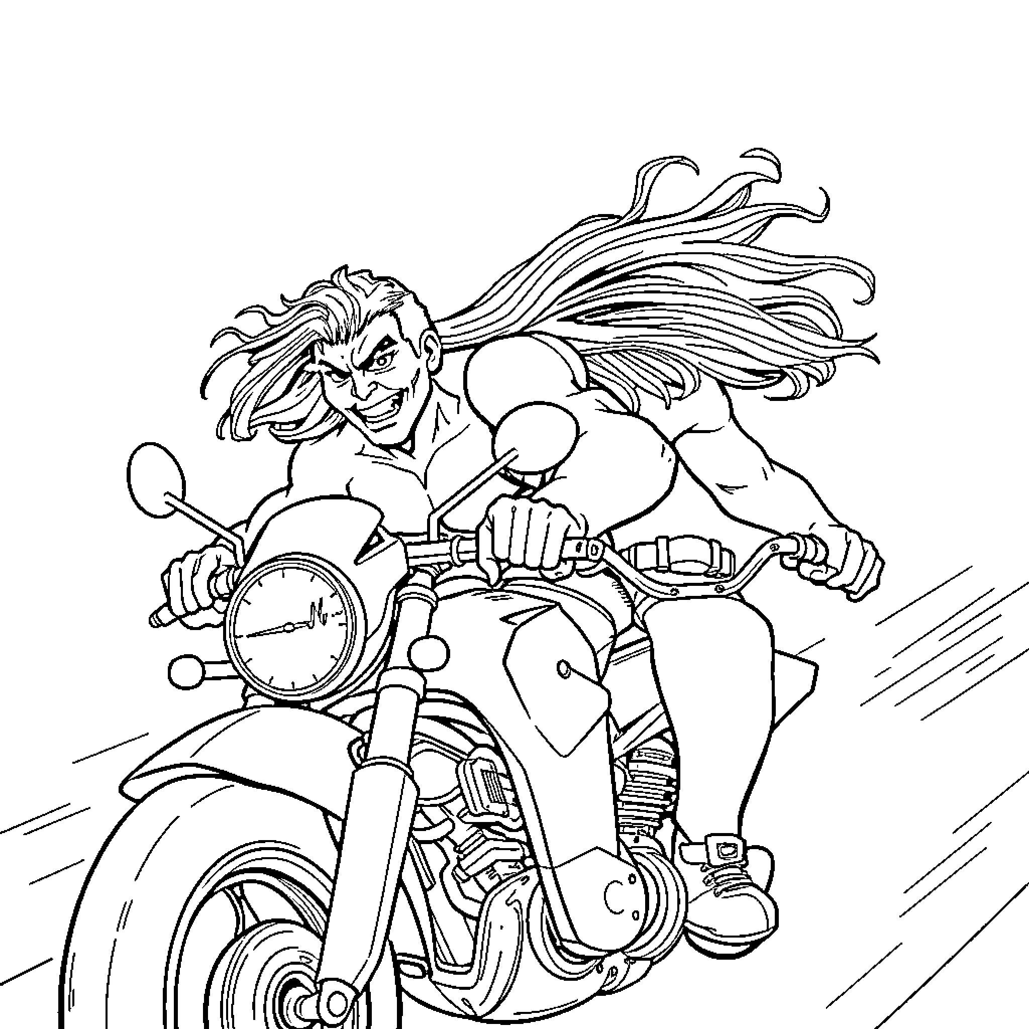 Hulk Rides the Motorcycle with Fierce Expression Coloring Page (free black-and-white line drawing printable PDF for all, from beginners to advanced learners, including children, teens, adults, and seniors)