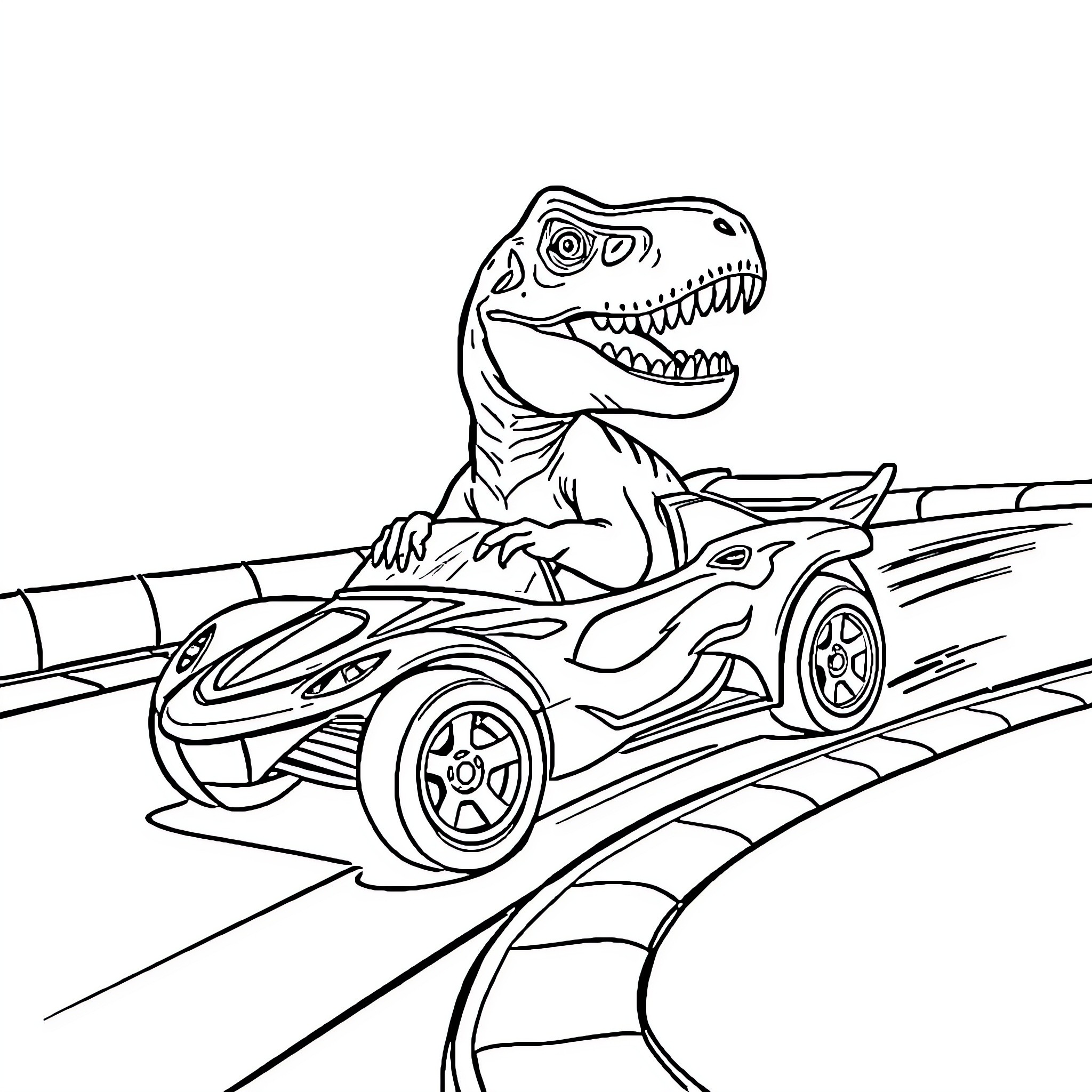 T-Rex driving an adventurous roadster vehicle Coloring Page (free black-and-white line drawing printable PDF for all, from beginners to advanced learners, including children, teens, adults, and seniors)
