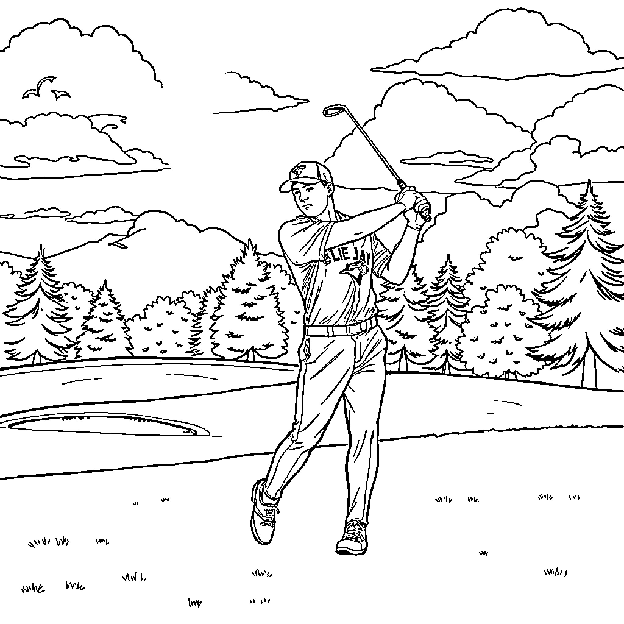 Baseball Player Swinging on Golf Course Coloring Page (free black-and-white line drawing printable PDF for all, from beginners to advanced learners, including children, teens, adults, and seniors)