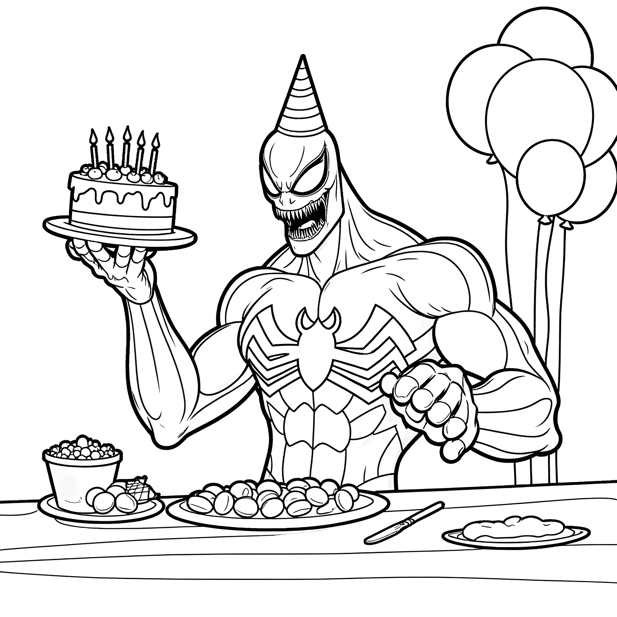 Venom celebrates with cake and balloons Coloring Page (free black-and-white line drawing printable PDF for all, from beginners to advanced learners, including children, teens, adults, and seniors)